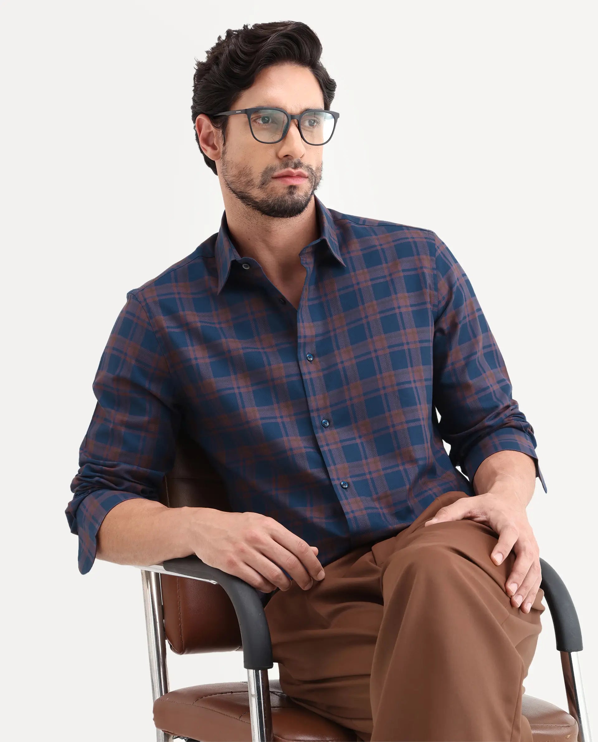 Rare Rabbit Men's Marin Navy Cotton Full Sleeve Spread Collar Regular Fit Checked Shirt