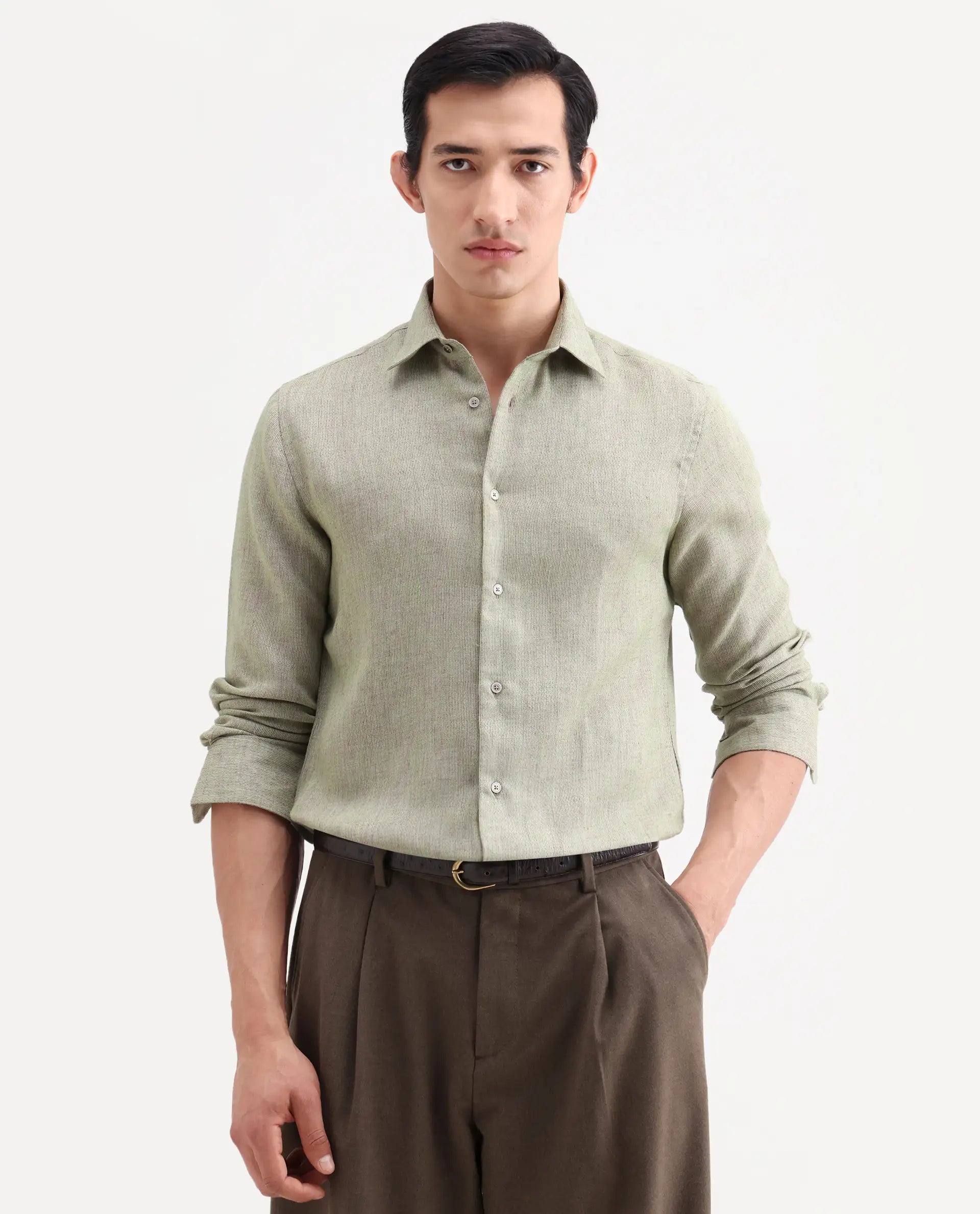 Rare Rabbit Men's Glet-26 Fluorescent Green Cotton Blend Fabric Full Sleeve Collared Regular Fit Plain Shirt