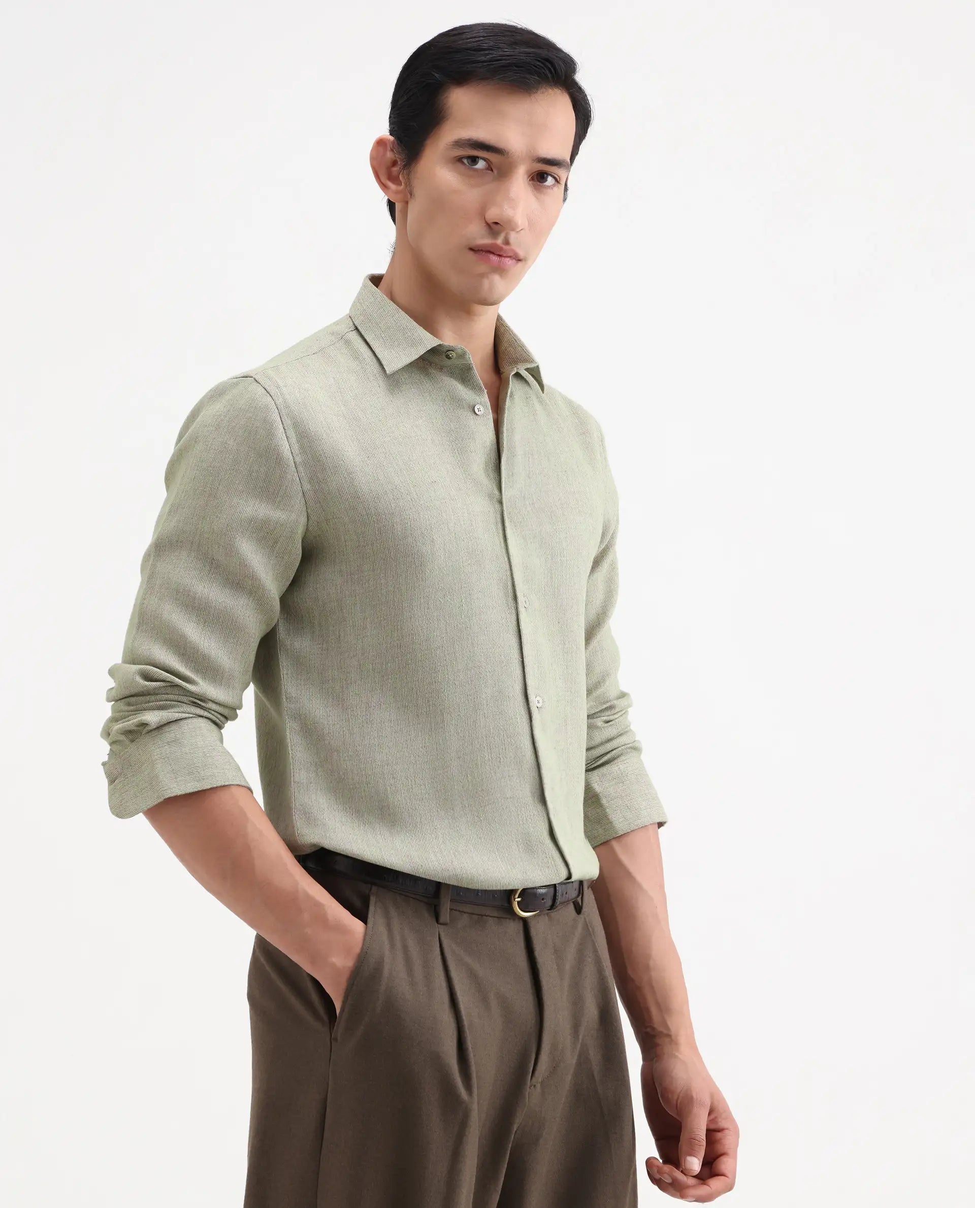Rare Rabbit Men's Glet-26 Fluorescent Green Cotton Blend Fabric Full Sleeve Collared Regular Fit Plain Shirt
