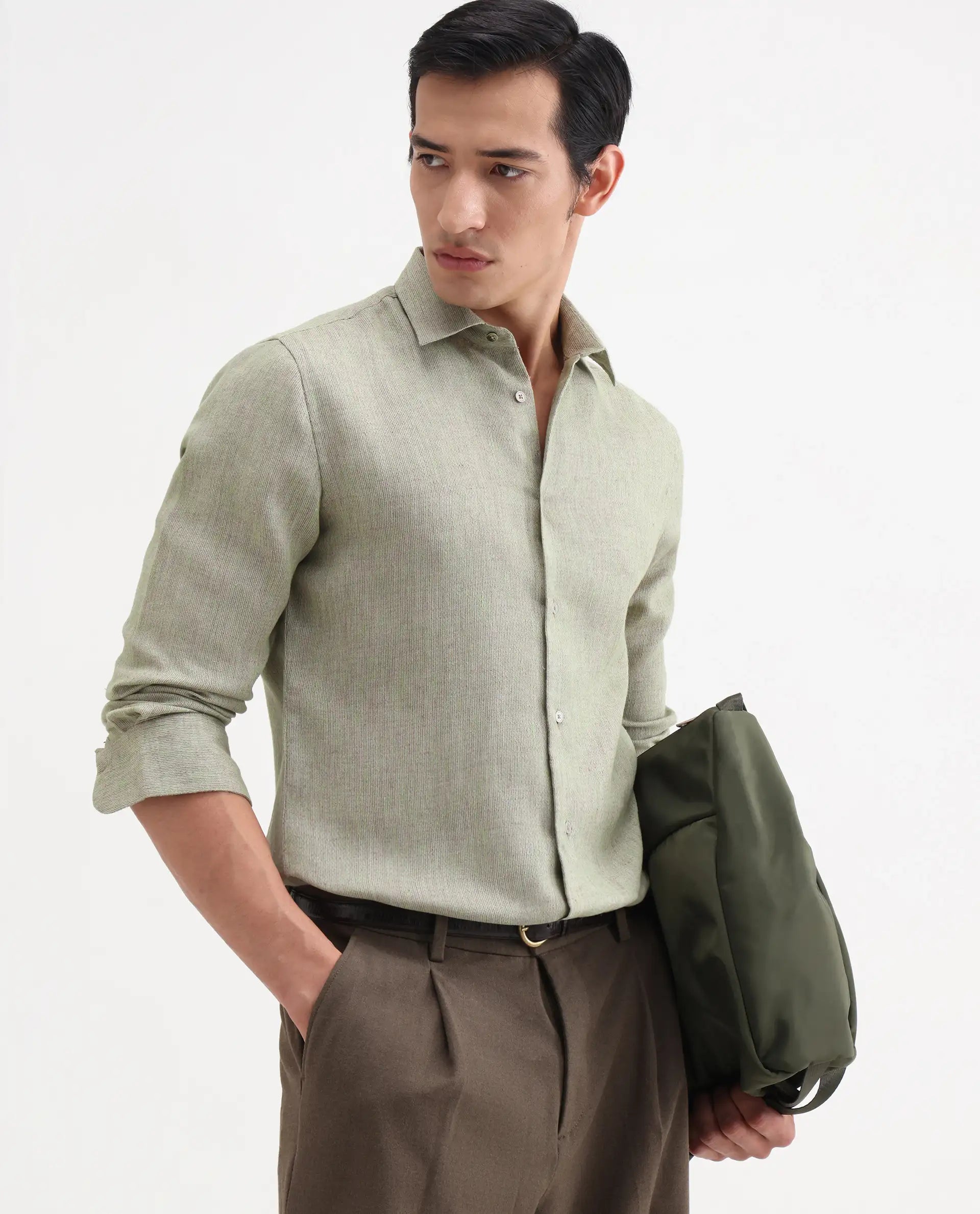 Rare Rabbit Men's Glet-26 Fluorescent Green Cotton Blend Fabric Full Sleeve Collared Regular Fit Plain Shirt