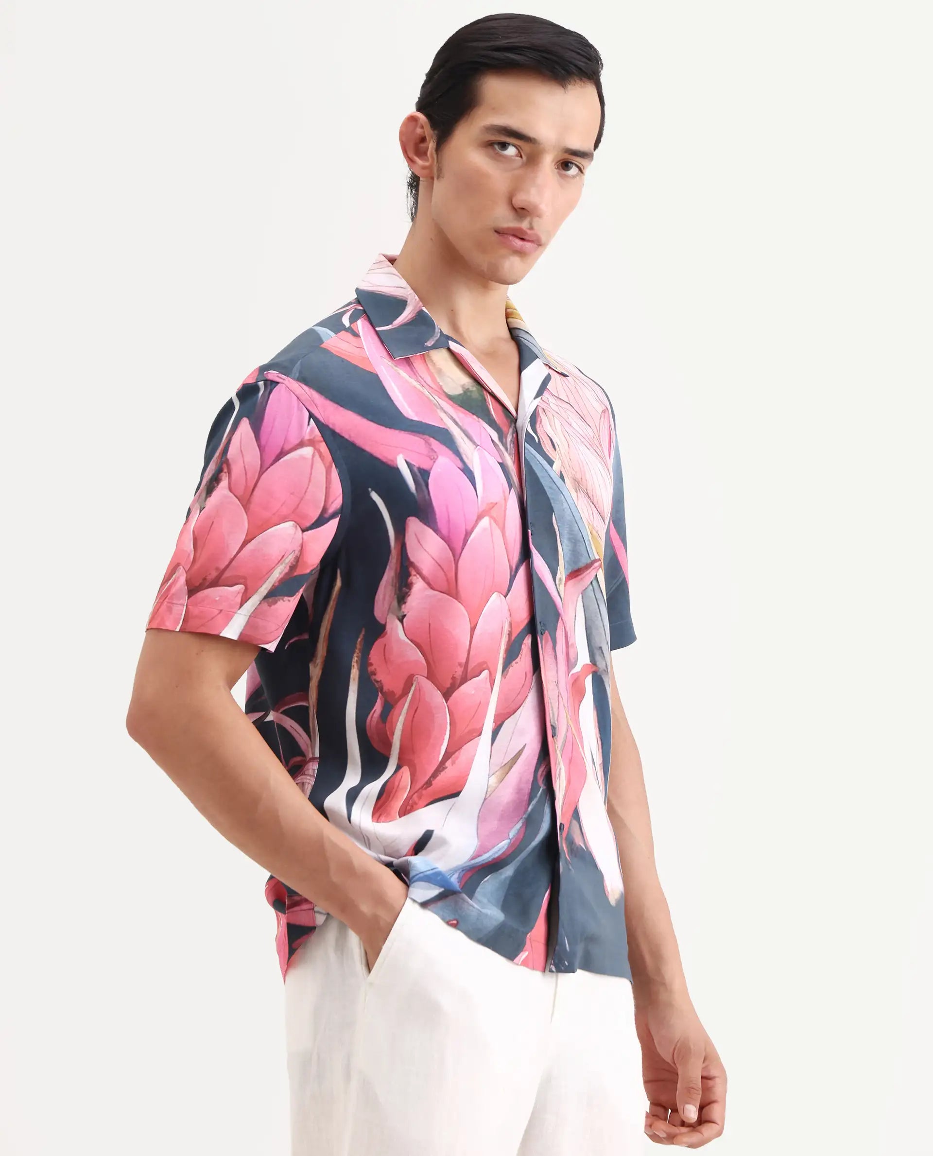Rare Rabbit Men's Lory Dark Navy Viscose Fabric Half Sleeve Cuban Collar Regular Fit Tropical Print Shirt