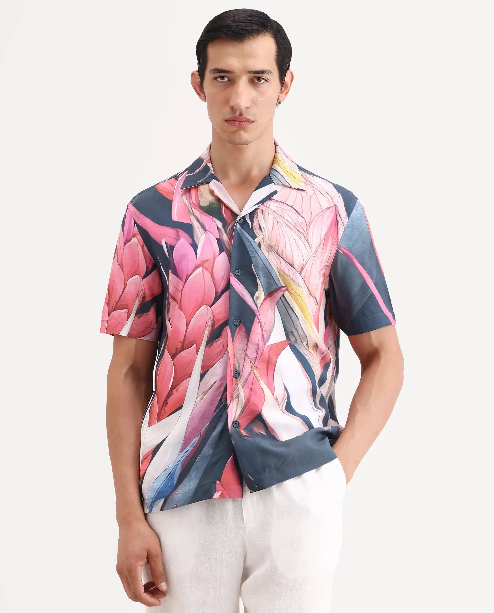 Rare Rabbit Men's Lory Dark Navy Viscose Fabric Half Sleeve Cuban Collar Regular Fit Tropical Print Shirt