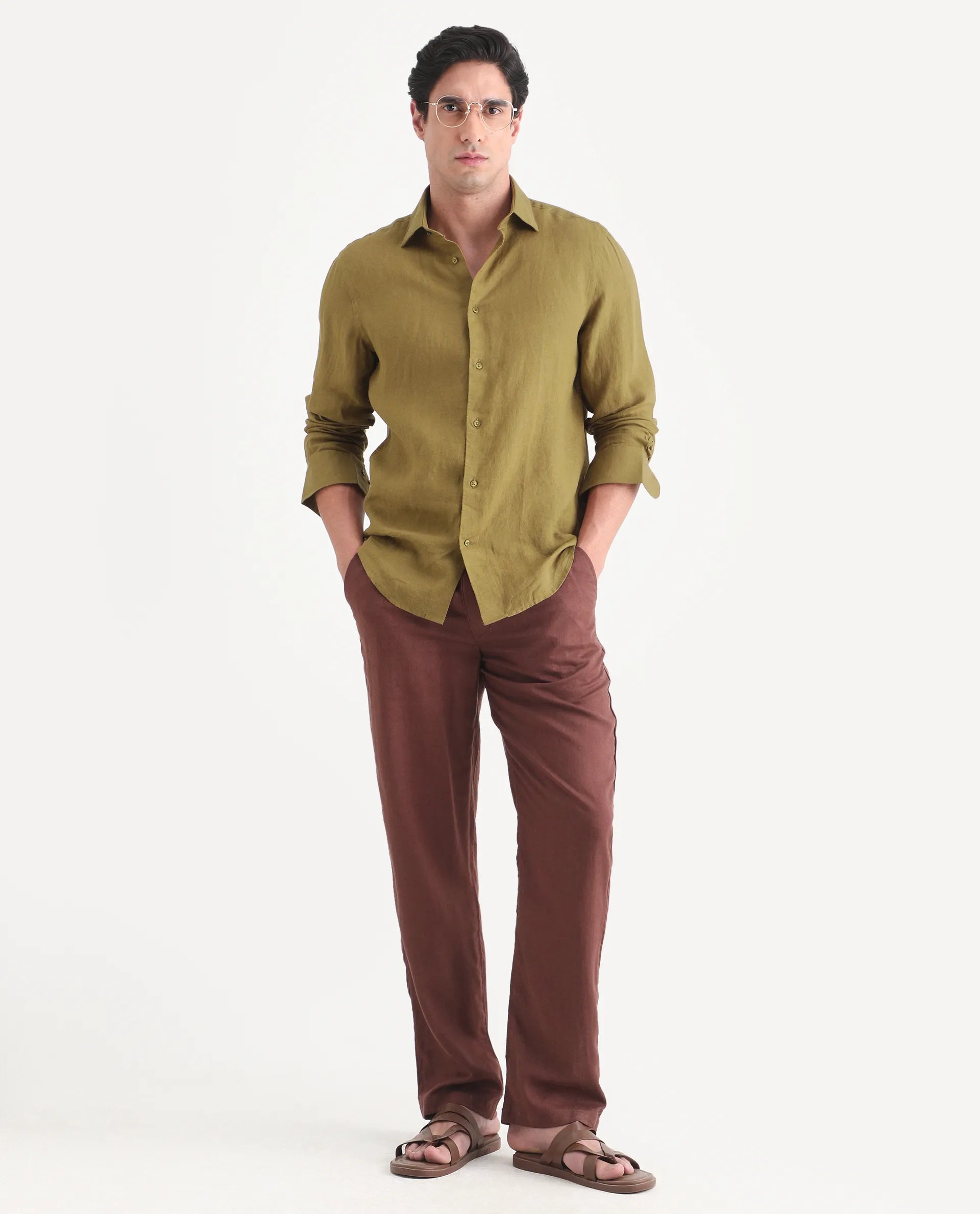 Rare Rabbit Men's Mavi-S26 Mustard 100% Linen Fabric Full Sleeve Spread Collar Regular Fit Plain Shirt