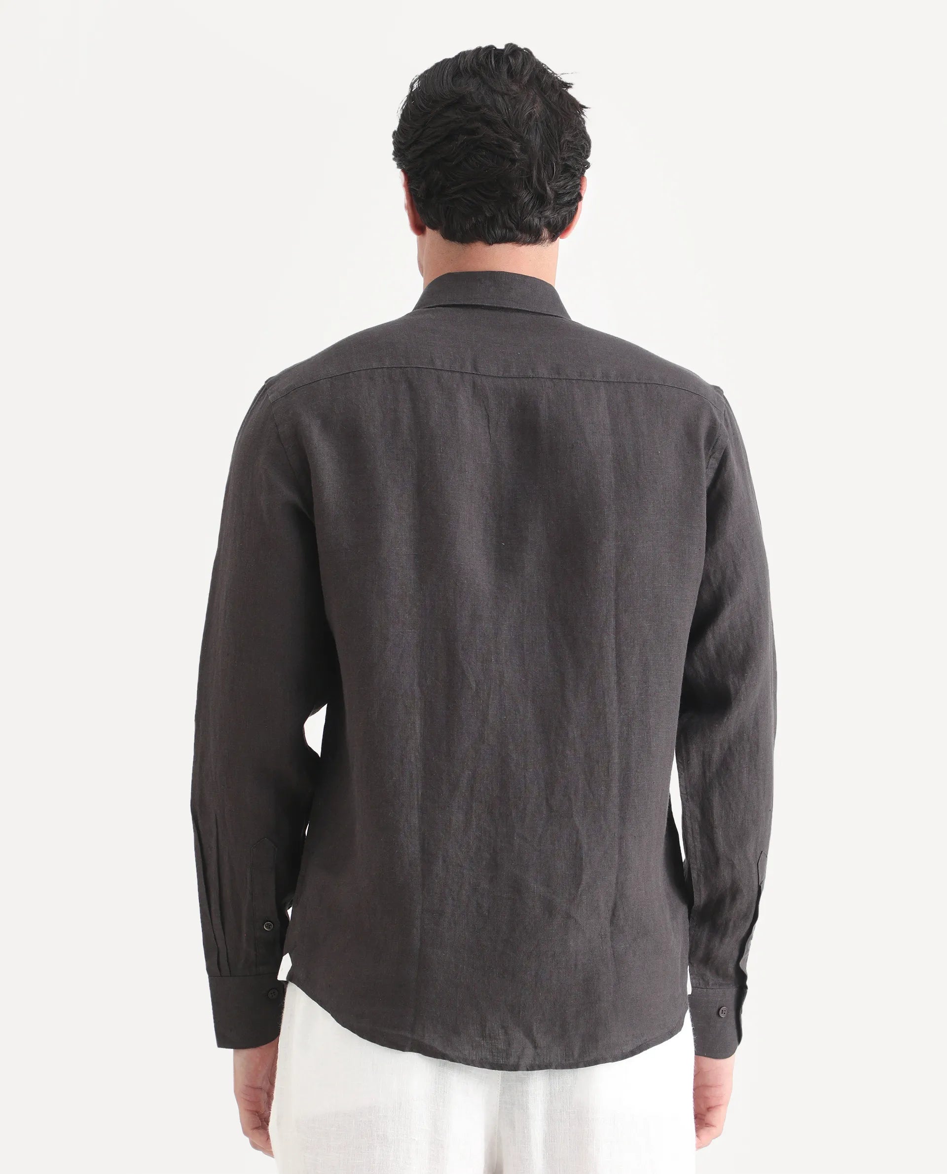 Rare Rabbit Men's Mavi-S26 Dark Grey 100% Linen Fabric Full Sleeve Spread Collar Regular Fit Plain Shirt