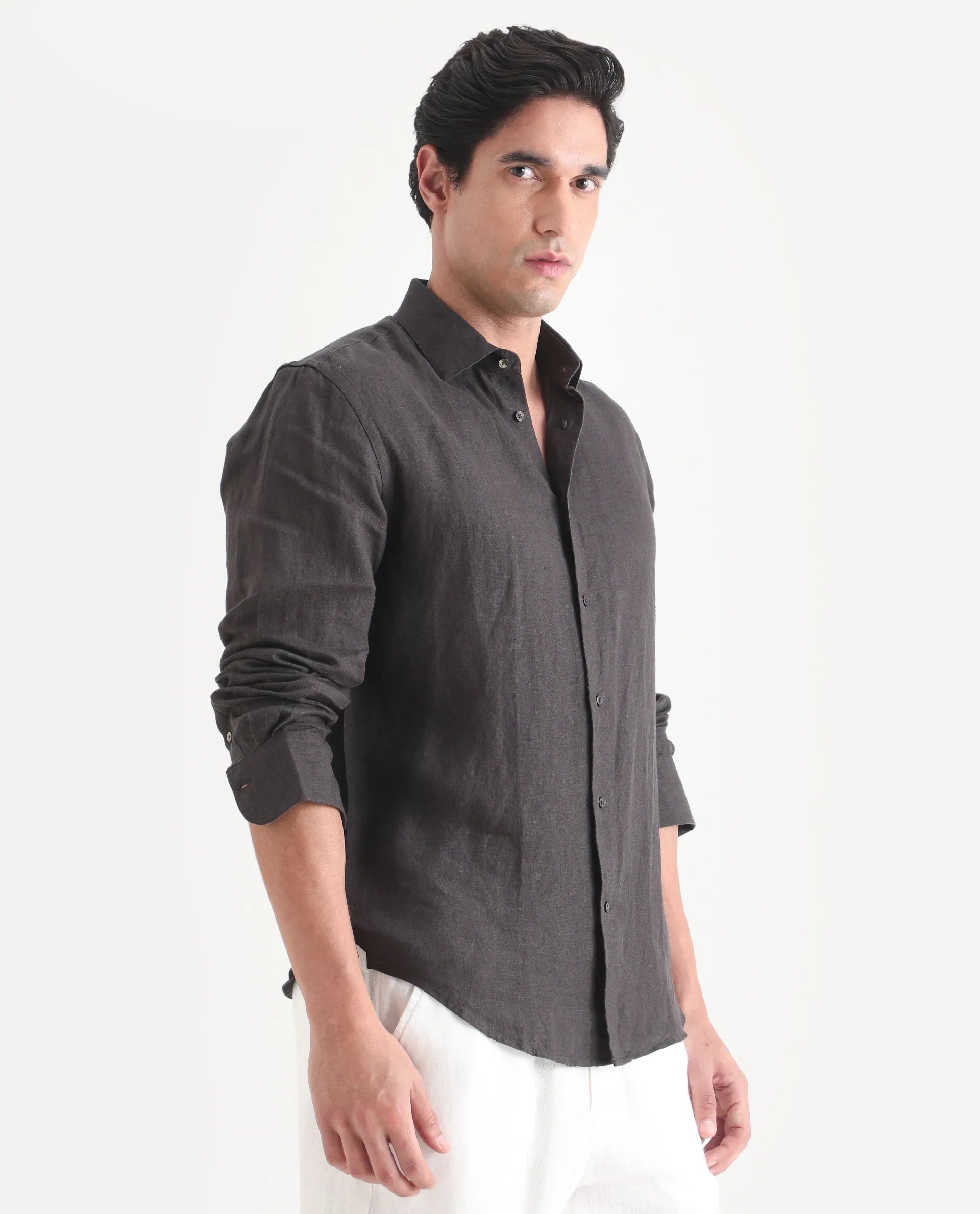 Rare Rabbit Men's Mavi-S26 Dark Grey 100% Linen Fabric Full Sleeve Spread Collar Regular Fit Plain Shirt