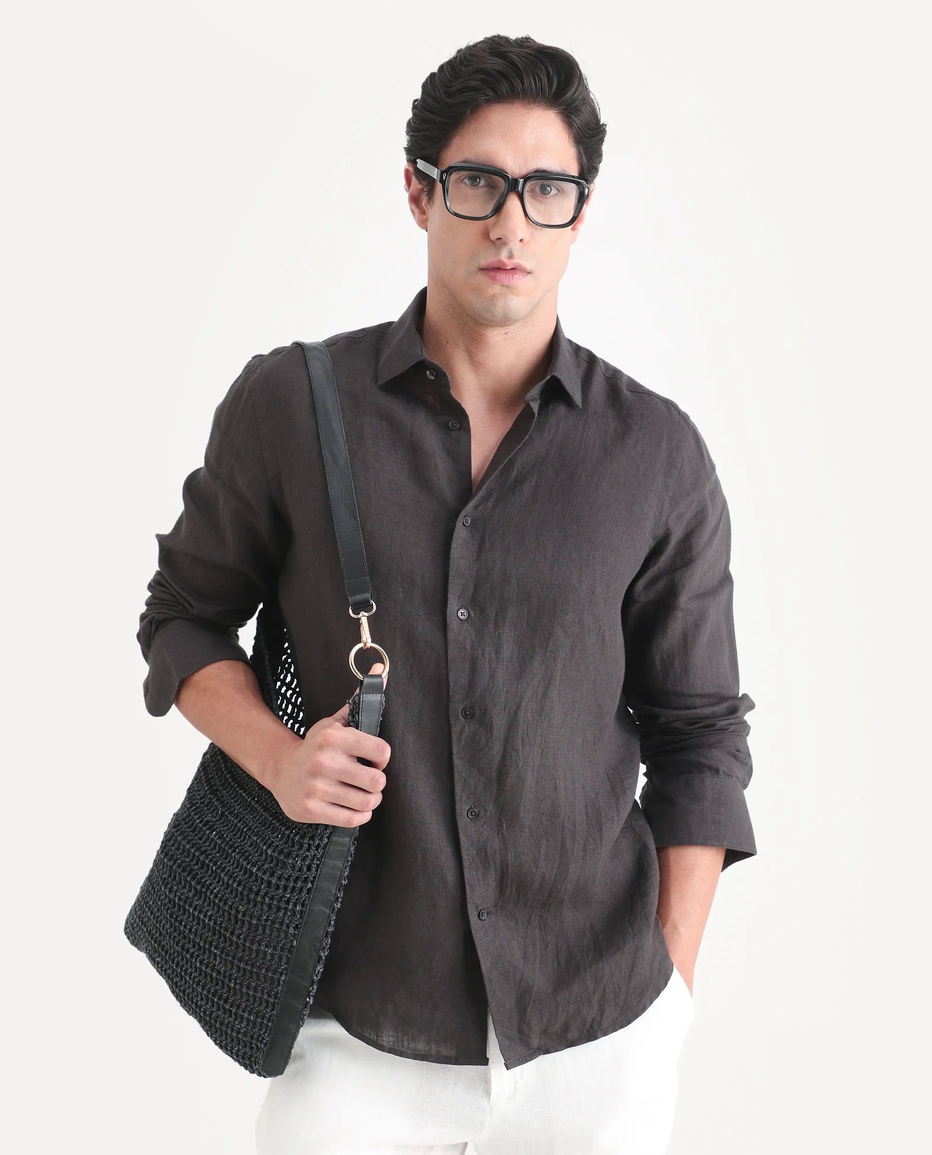 Rare Rabbit Men's Mavi-S26 Dark Grey 100% Linen Fabric Full Sleeve Spread Collar Regular Fit Plain Shirt