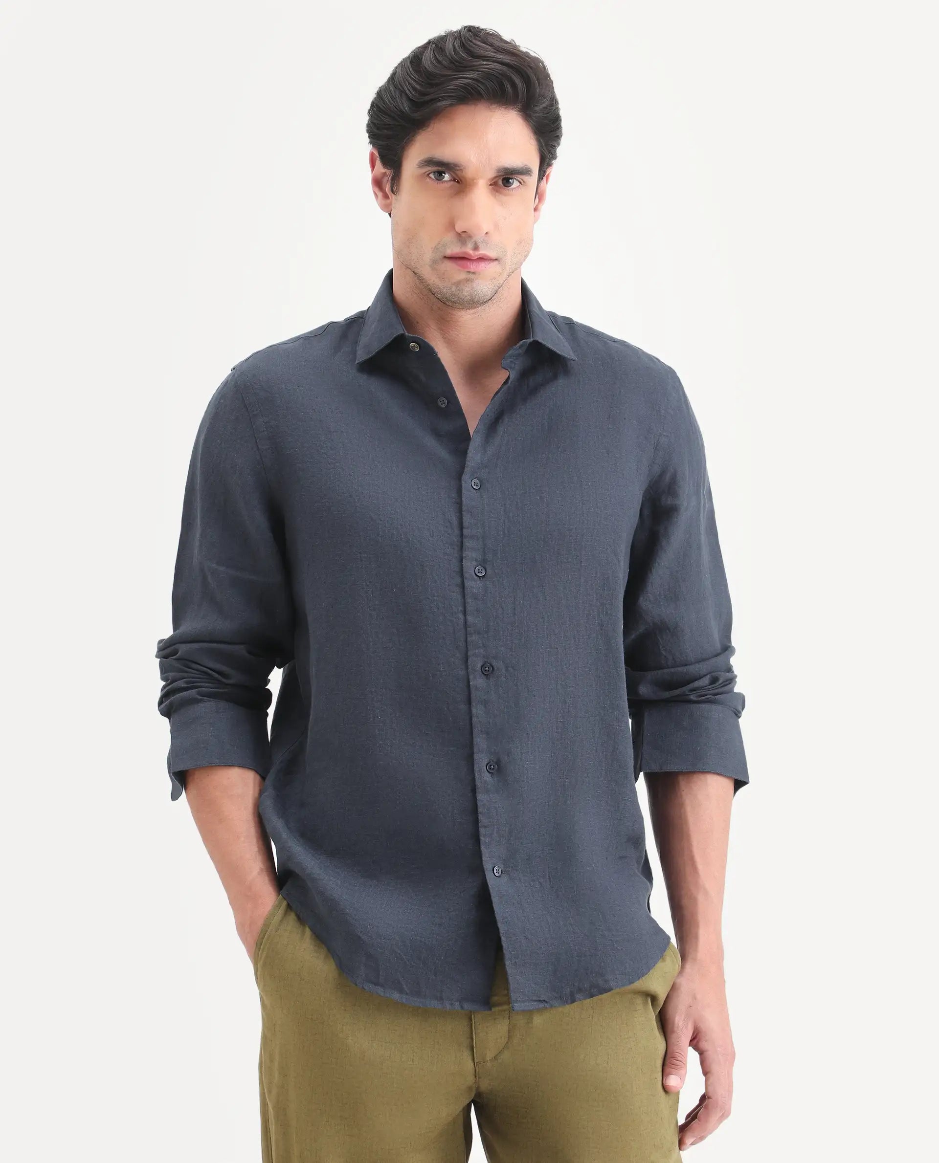 Rare Rabbit Men's Mavi-S26 Dark Blue 100% Linen Fabric Full Sleeve Spread Collar Regular Fit Plain Shirt