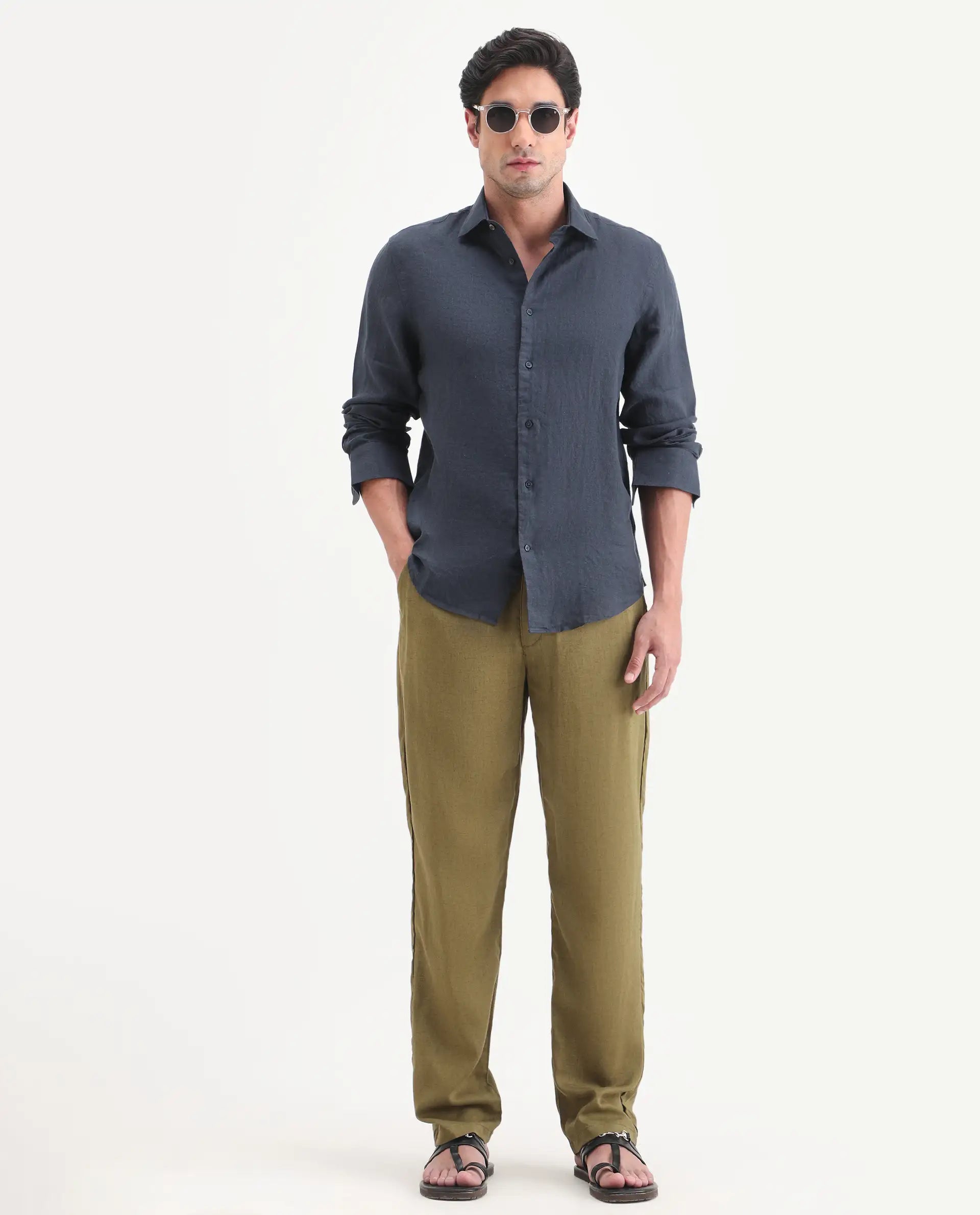 Rare Rabbit Men's Mavi-S26 Dark Blue 100% Linen Fabric Full Sleeve Spread Collar Regular Fit Plain Shirt