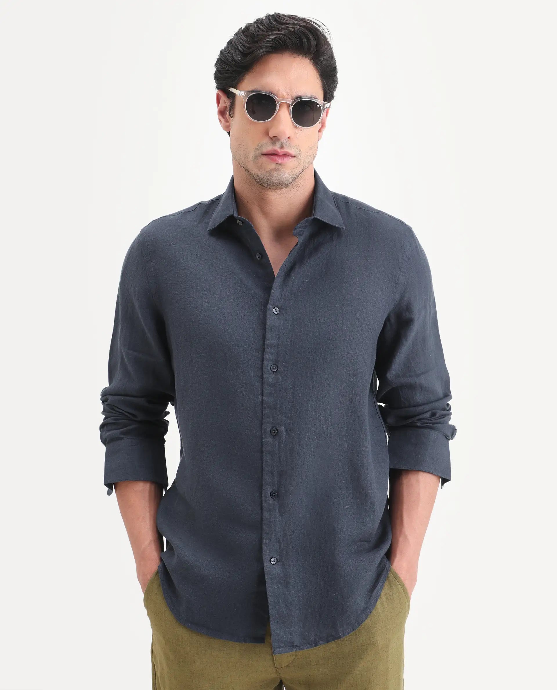 Rare Rabbit Men's Mavi-S26 Dark Blue 100% Linen Fabric Full Sleeve Spread Collar Regular Fit Plain Shirt