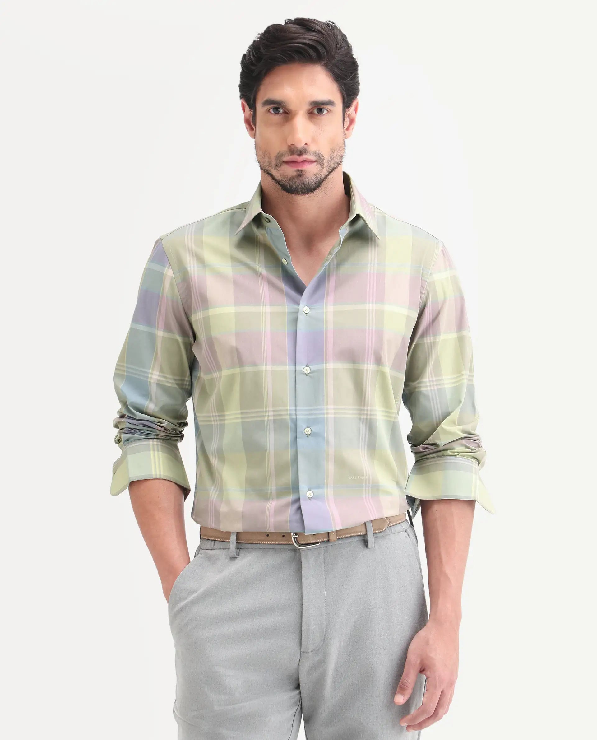 Rare Rabbit Men's Rizi Light Green Cotton Full Sleeve Spread Collar Regular Fit Checked Shirt
