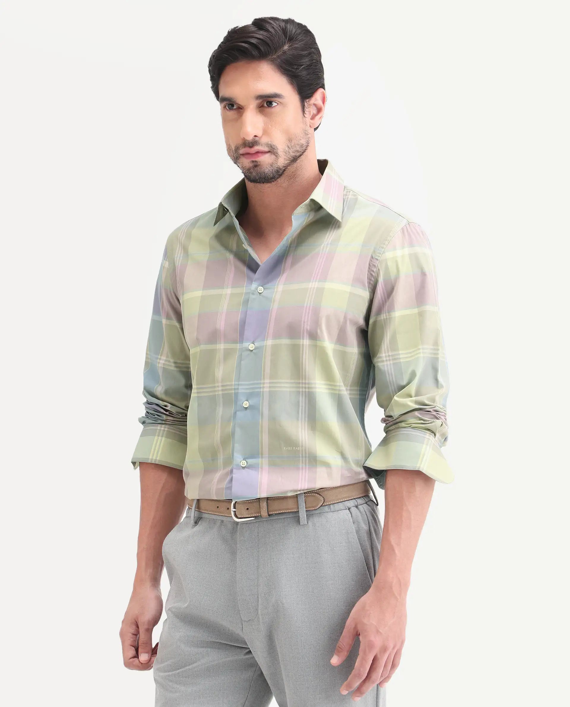 Rare Rabbit Men's Rizi Light Green Cotton Full Sleeve Spread Collar Regular Fit Checked Shirt