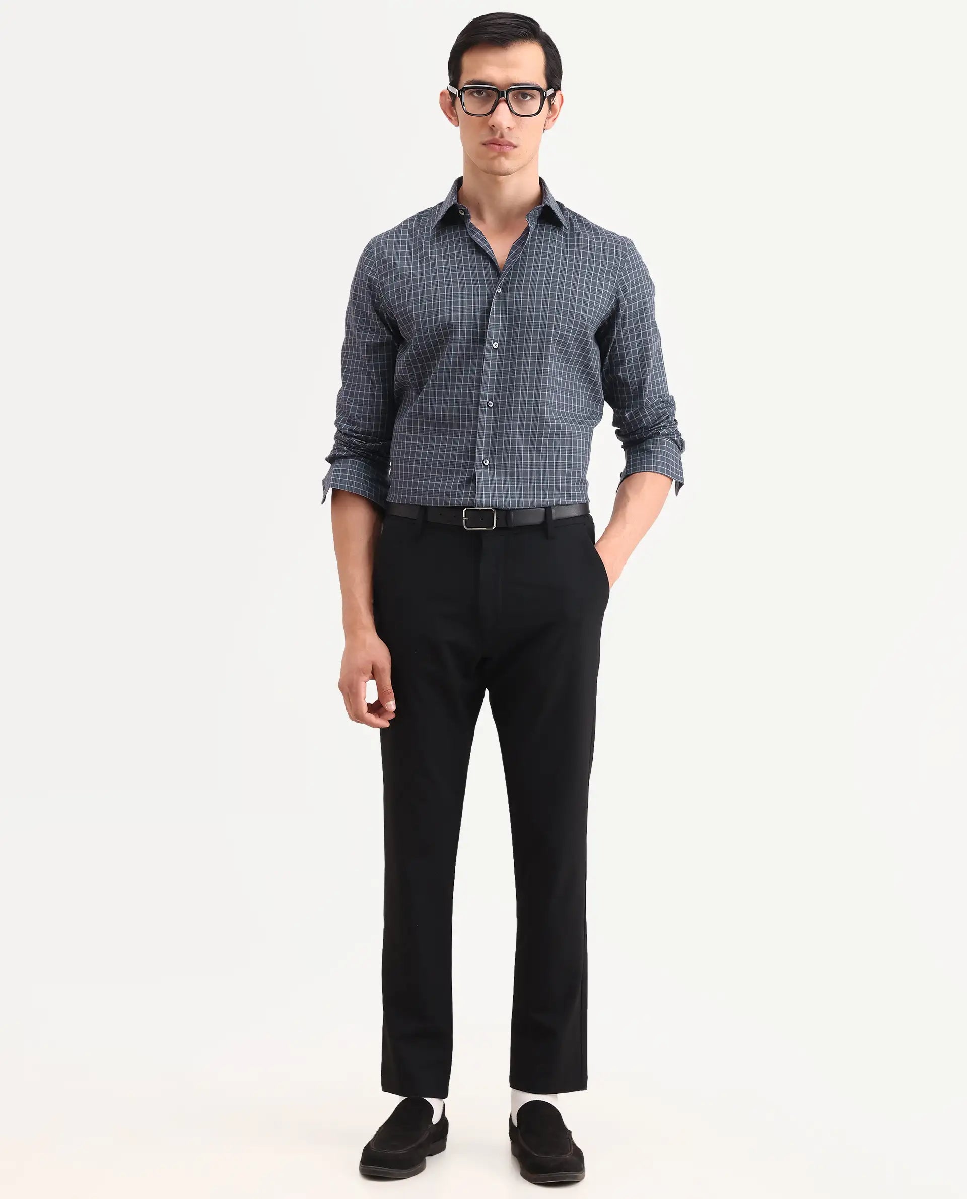 Rare Rabbit Men's Sapar Blue Cotton Fabric Full Sleeve Spread Collar Regular Fit Checked Shirt