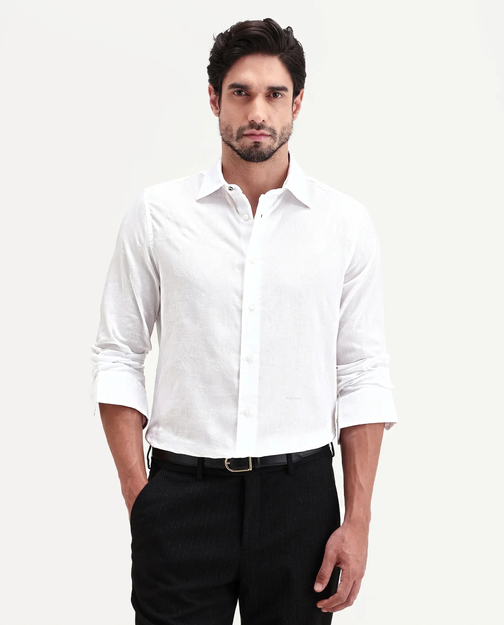 Rare Rabbit Men's Alvo White Viscose Blend Fabric Full Sleeve Spread Collar Regular Fit Jacquard Shirt