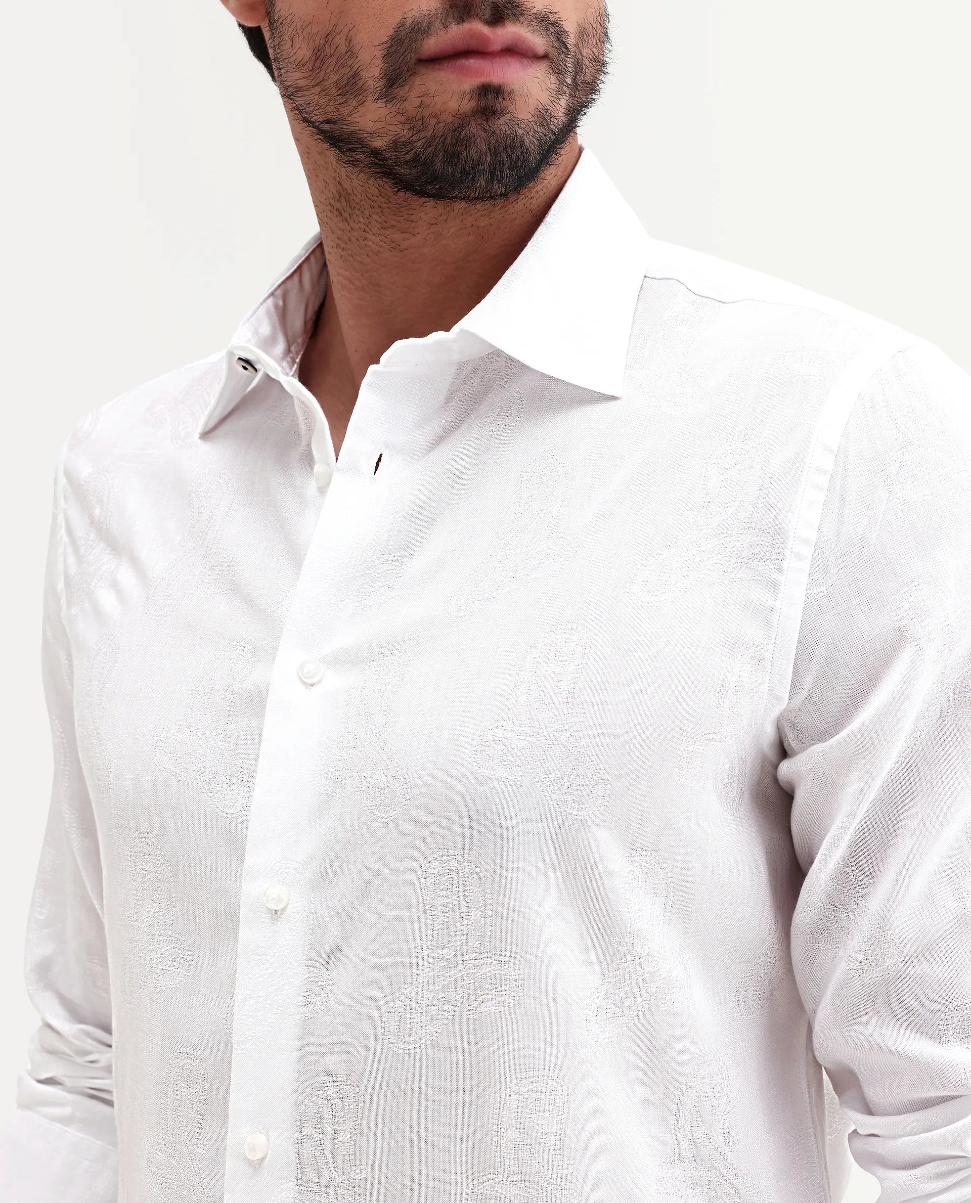 Rare Rabbit Men's Alvo White Viscose Blend Fabric Full Sleeve Spread Collar Regular Fit Jacquard Shirt