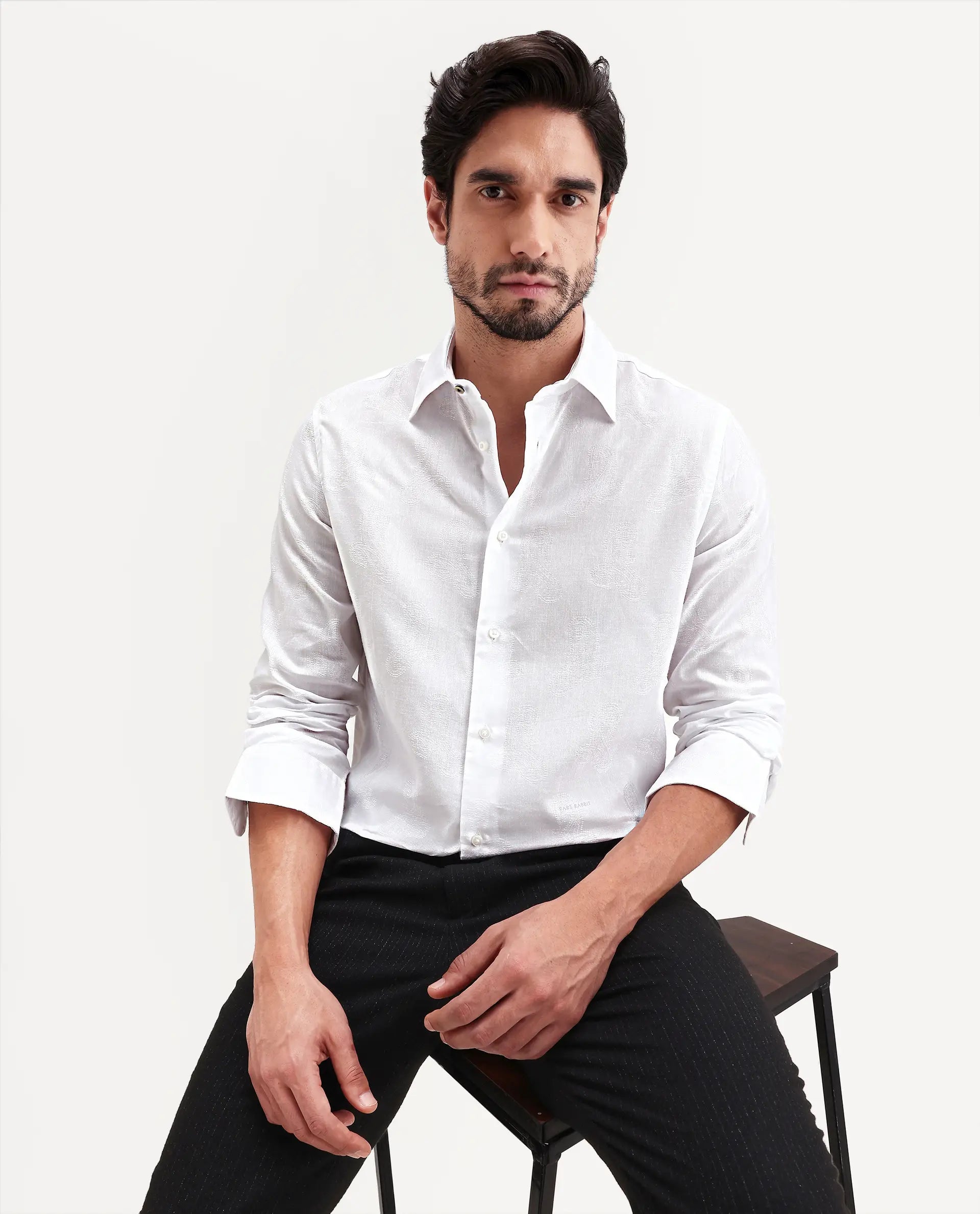 Rare Rabbit Men's Alvo White Viscose Fabric Full Sleeve Spread Collar Regular Fit Jacquard Shirt