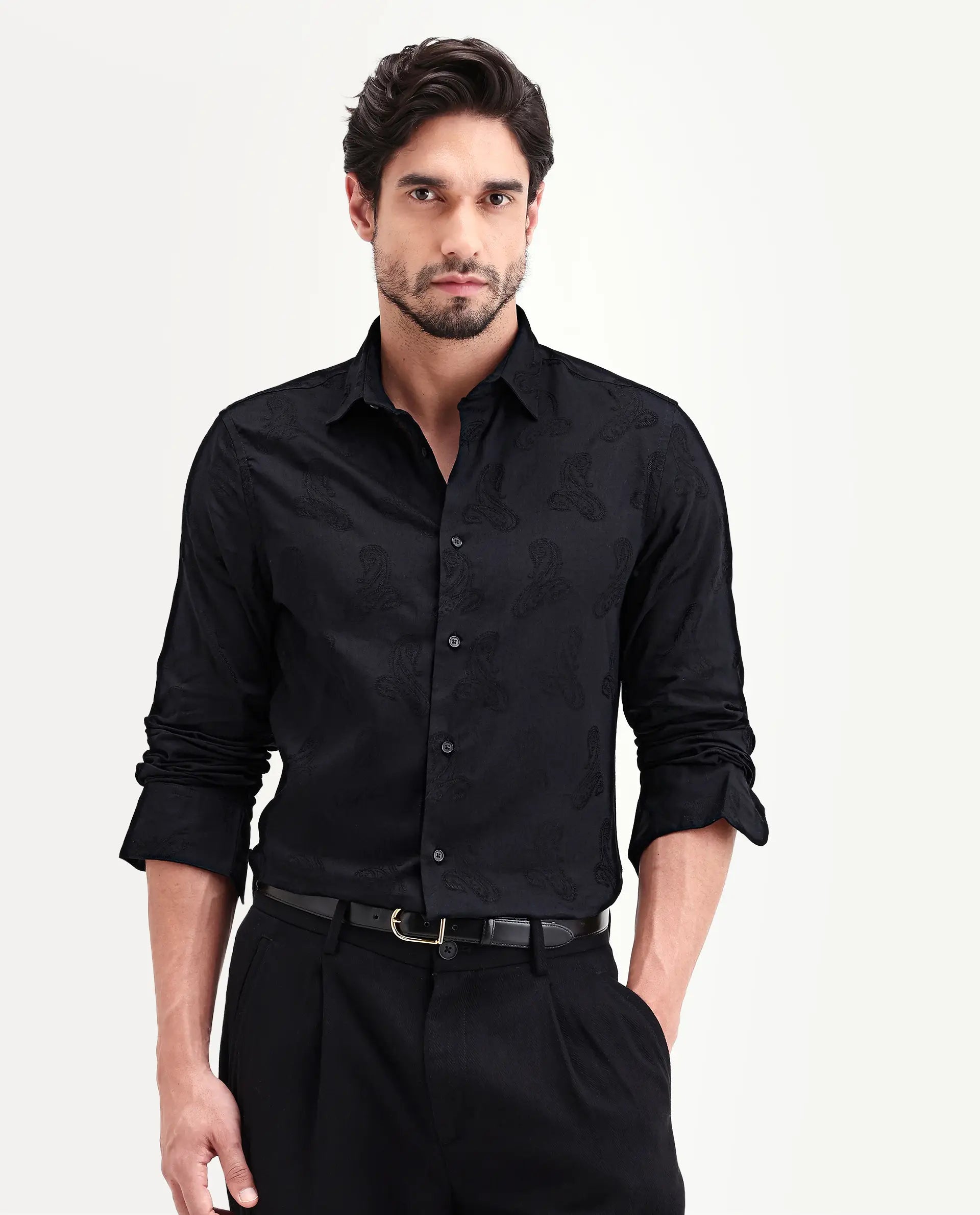 Rare Rabbit Men's Alvo Black Viscose Blend Fabric Full Sleeve Spread Collar Regular Fit Jacquard Shirt