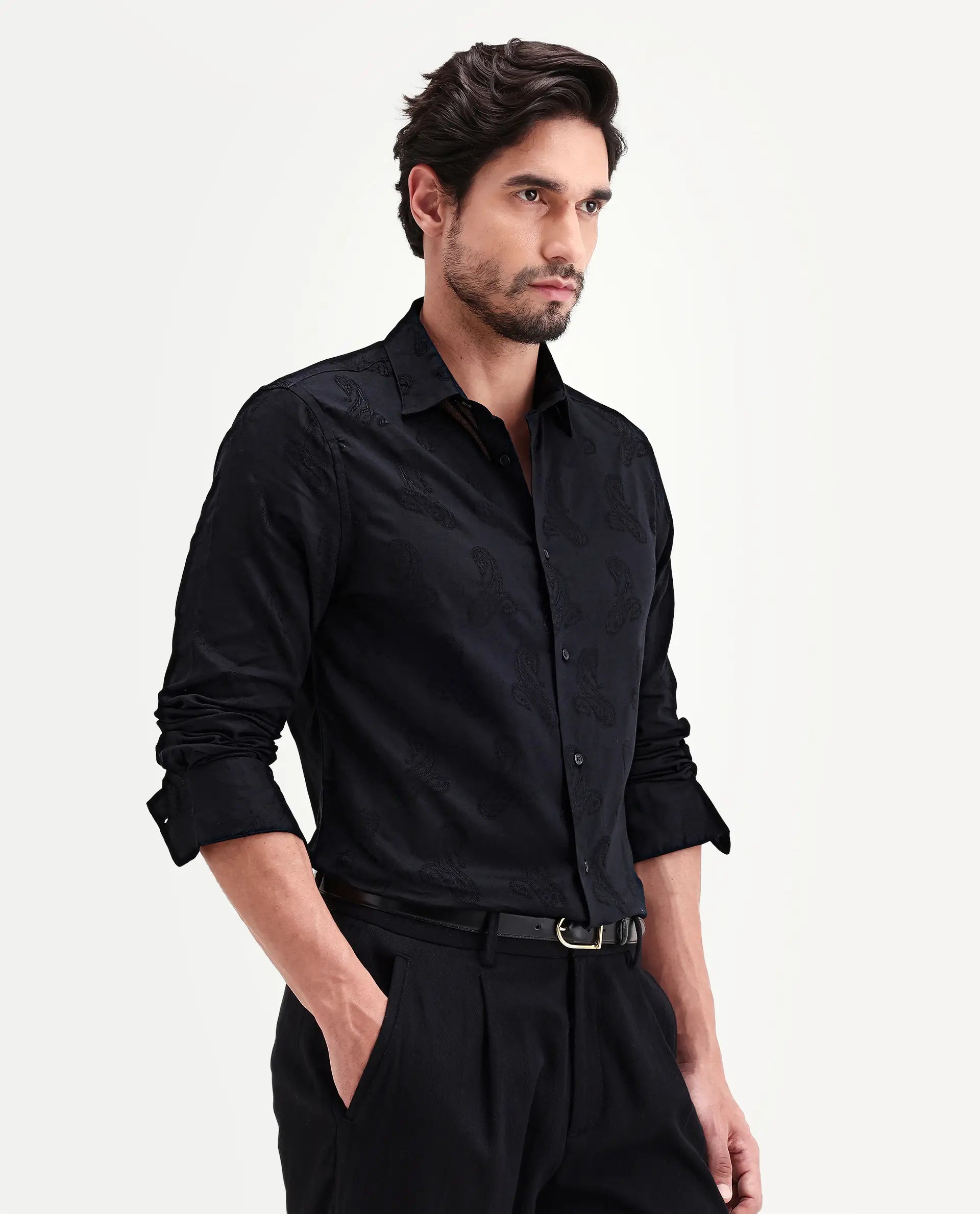 Rare Rabbit Men's Alvo Black Viscose Blend Fabric Full Sleeve Spread Collar Regular Fit Jacquard Shirt