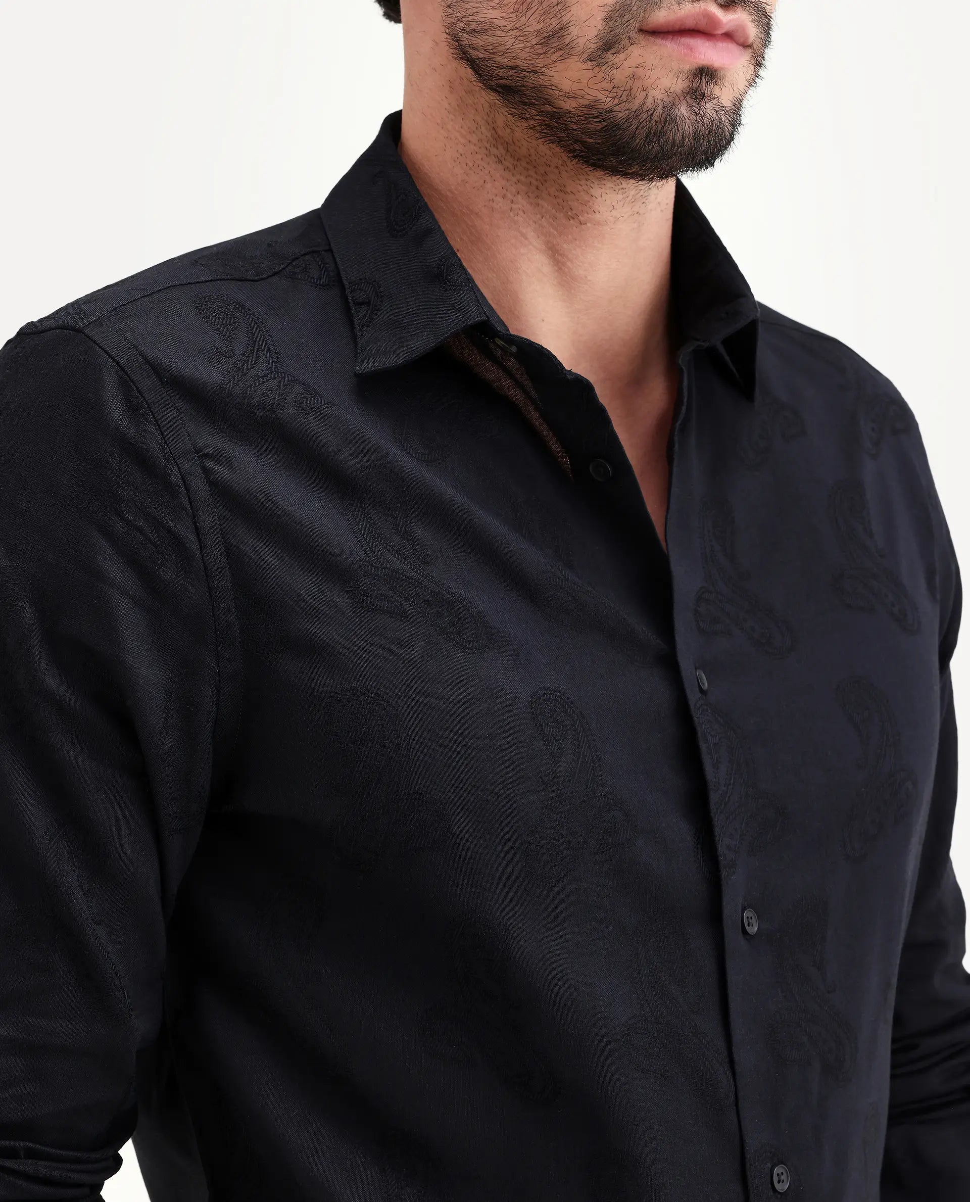 Rare Rabbit Men's Alvo Black Viscose Blend Fabric Full Sleeve Spread Collar Regular Fit Jacquard Shirt