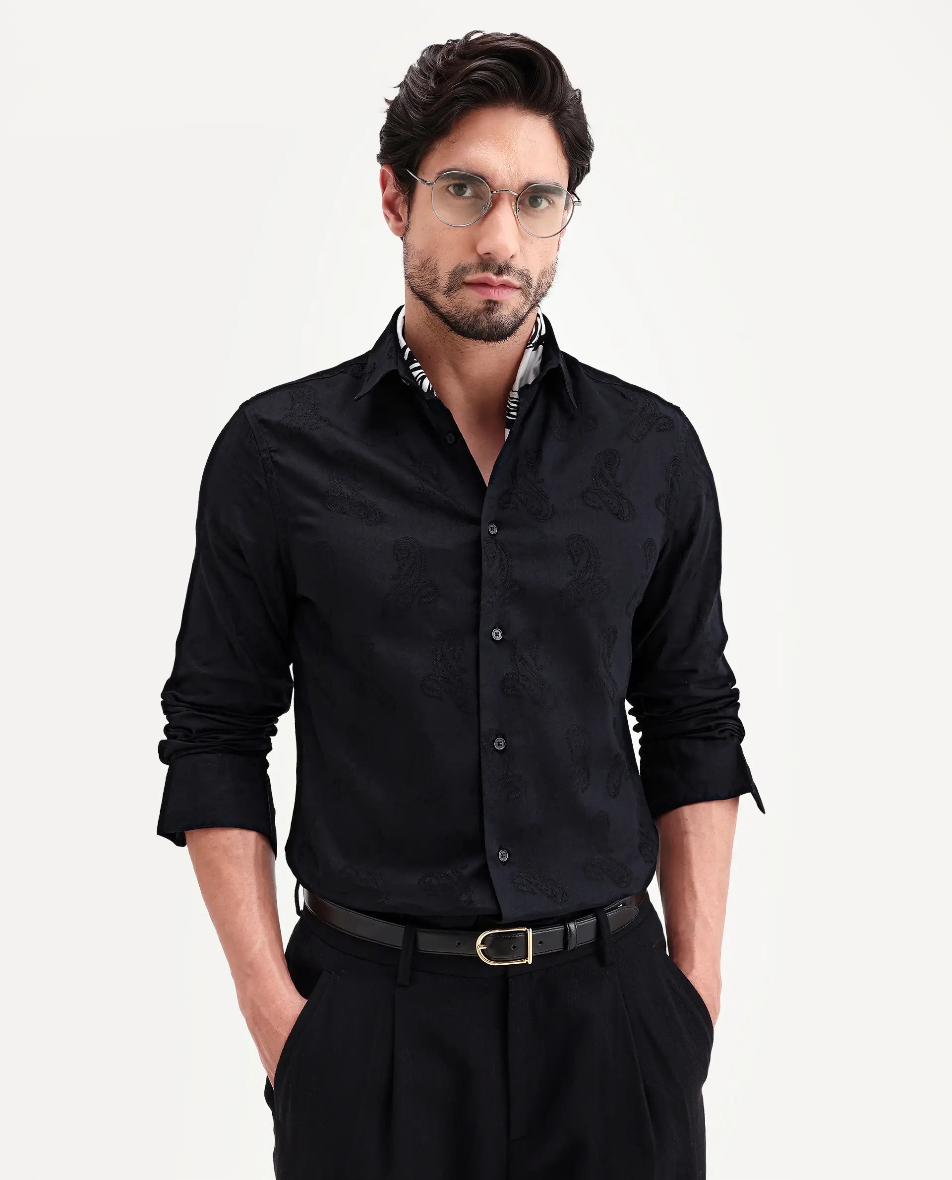 Rare Rabbit Men's Alvo Black Viscose Fabric Full Sleeve Spread Collar Regular Fit Jacquard Shirt