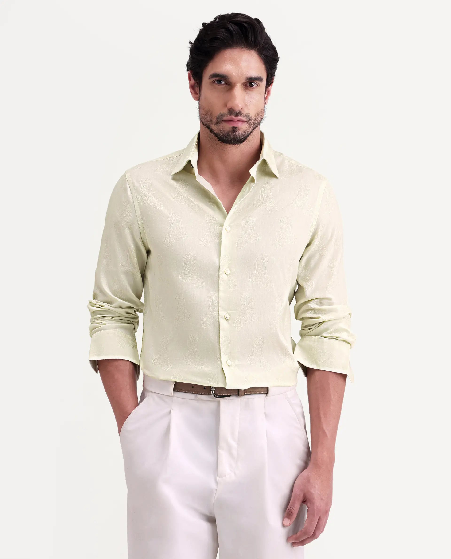 Rare Rabbit Men's Alvo Pastel Green Viscose Blend Fabric Full Sleeve Spread Collar Regular Fit Jacquard Shirt