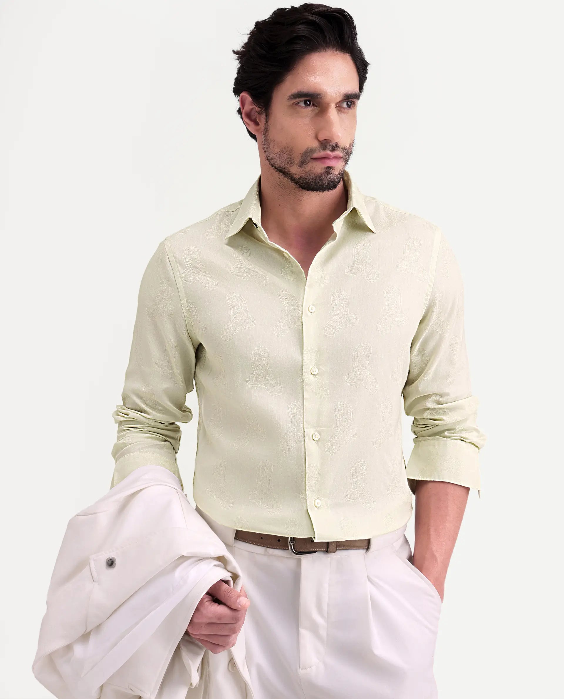 Rare Rabbit Men's Alvo Pastel Green Viscose Fabric Full Sleeve Spread Collar Regular Fit Jacquard Shirt