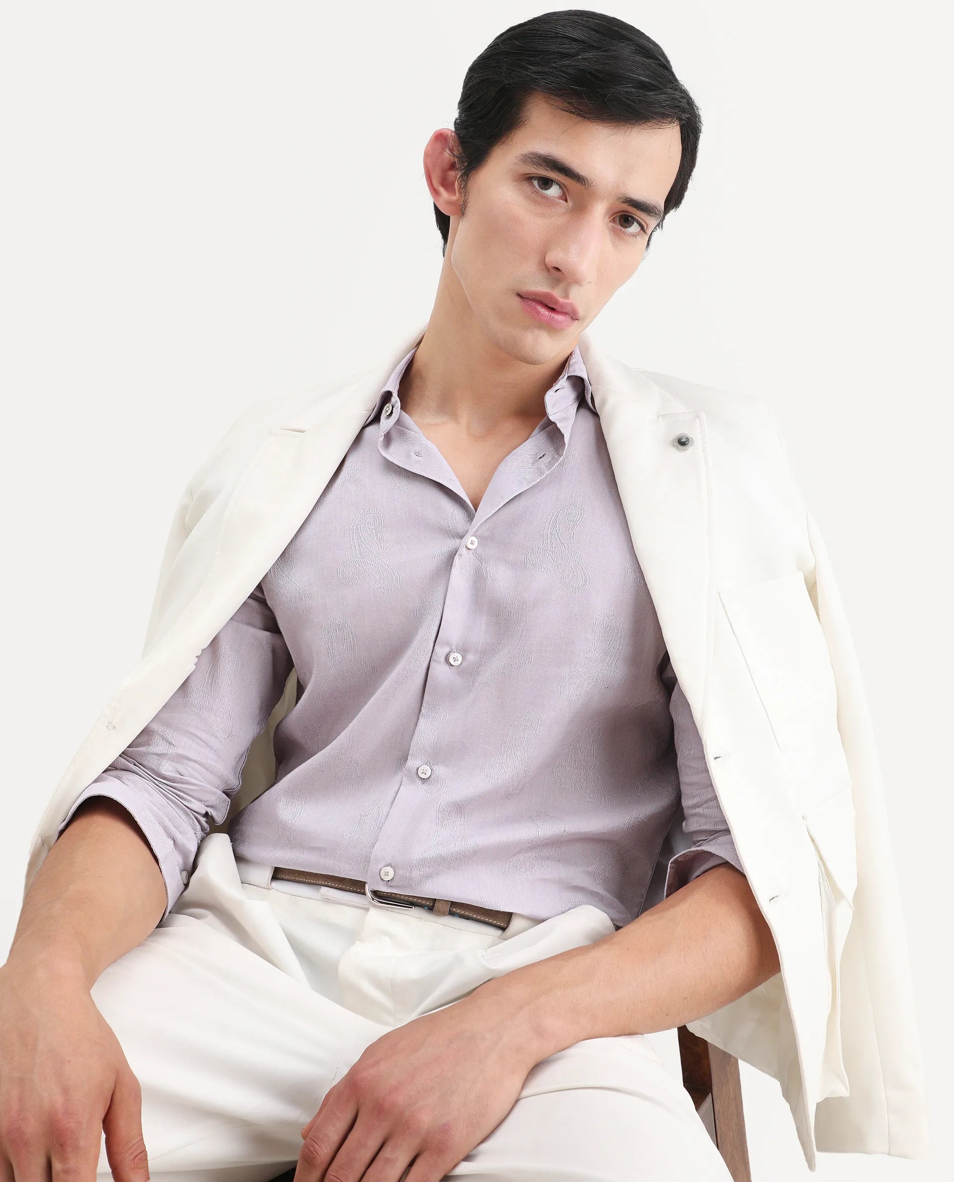 Rare Rabbit Men's Alvo Purple Viscose Fabric Full Sleeve Spread Collar Regular Fit Jacquard Shirt