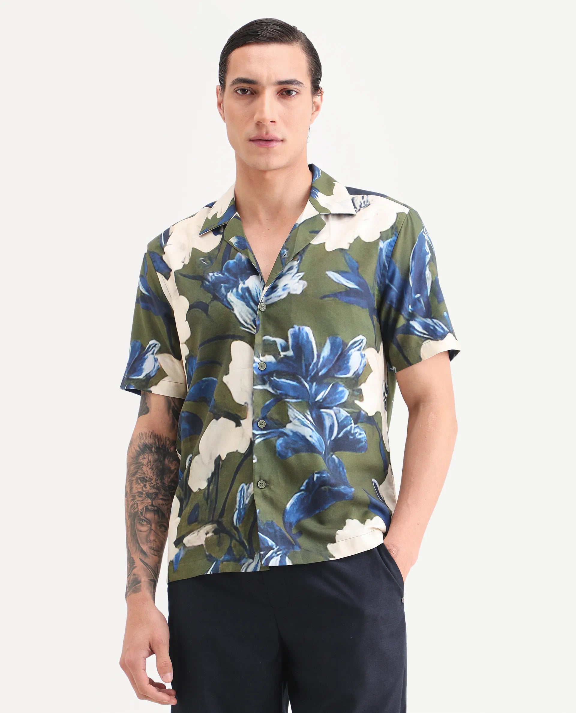 Rare Rabbit Men's Aric Green Cotton Blend Fabric Half Sleeve Cuban Collar Regular Fit Tropical Print Shirt