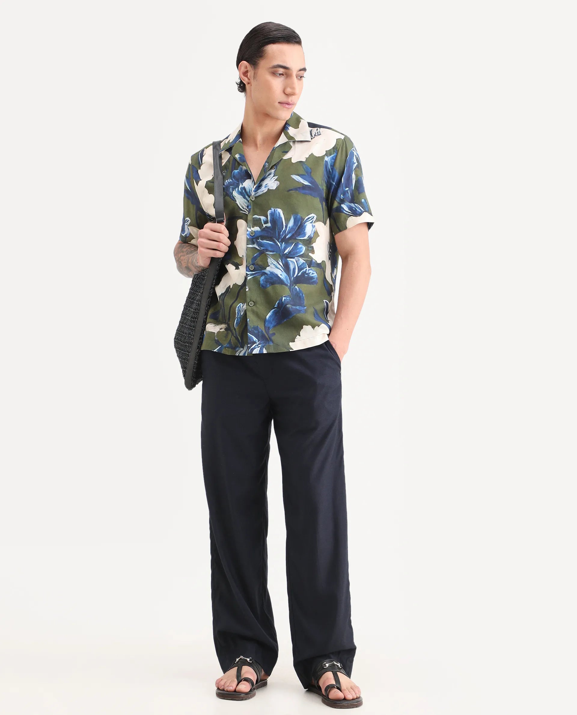 Rare Rabbit Men's Aric Green Cotton Blend Fabric Half Sleeve Cuban Collar Regular Fit Tropical Print Shirt