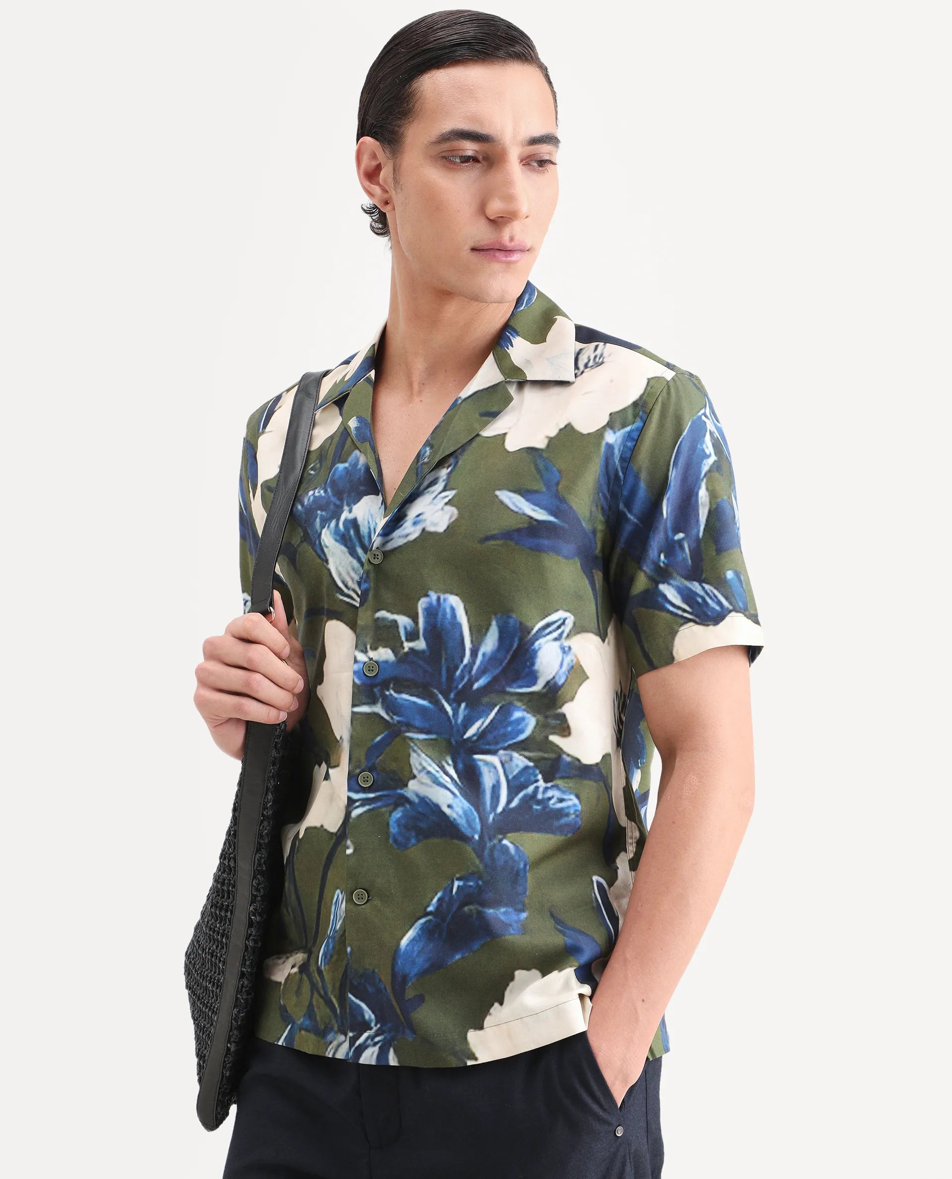 Rare Rabbit Men's Aric Green Cotton Blend Fabric Half Sleeve Cuban Collar Regular Fit Tropical Print Shirt