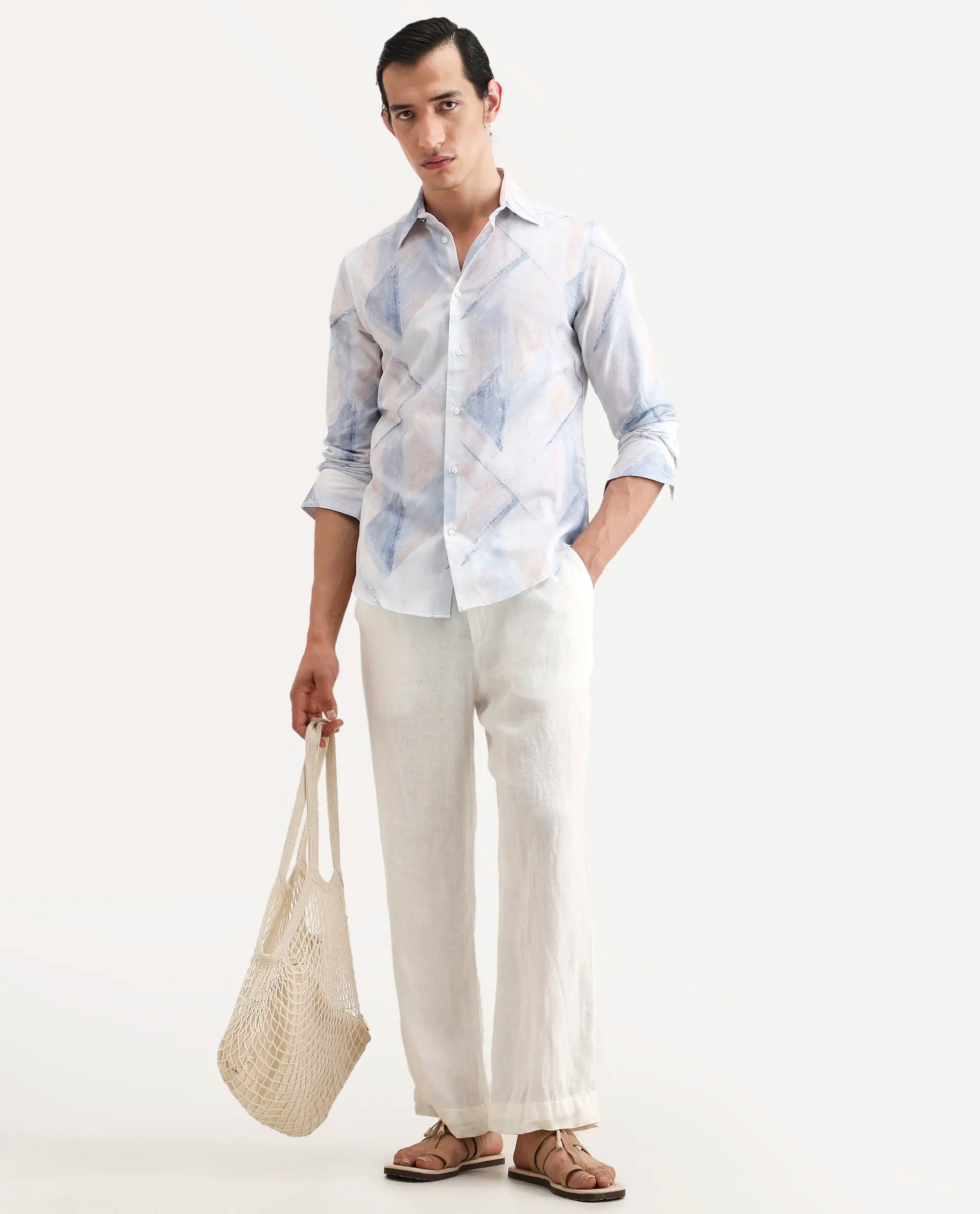 Rare Rabbit Men's Skye Pastel Blue Cotton Fabric Full Sleeve Spread Collar Regular Fit Abstract Print Shirt