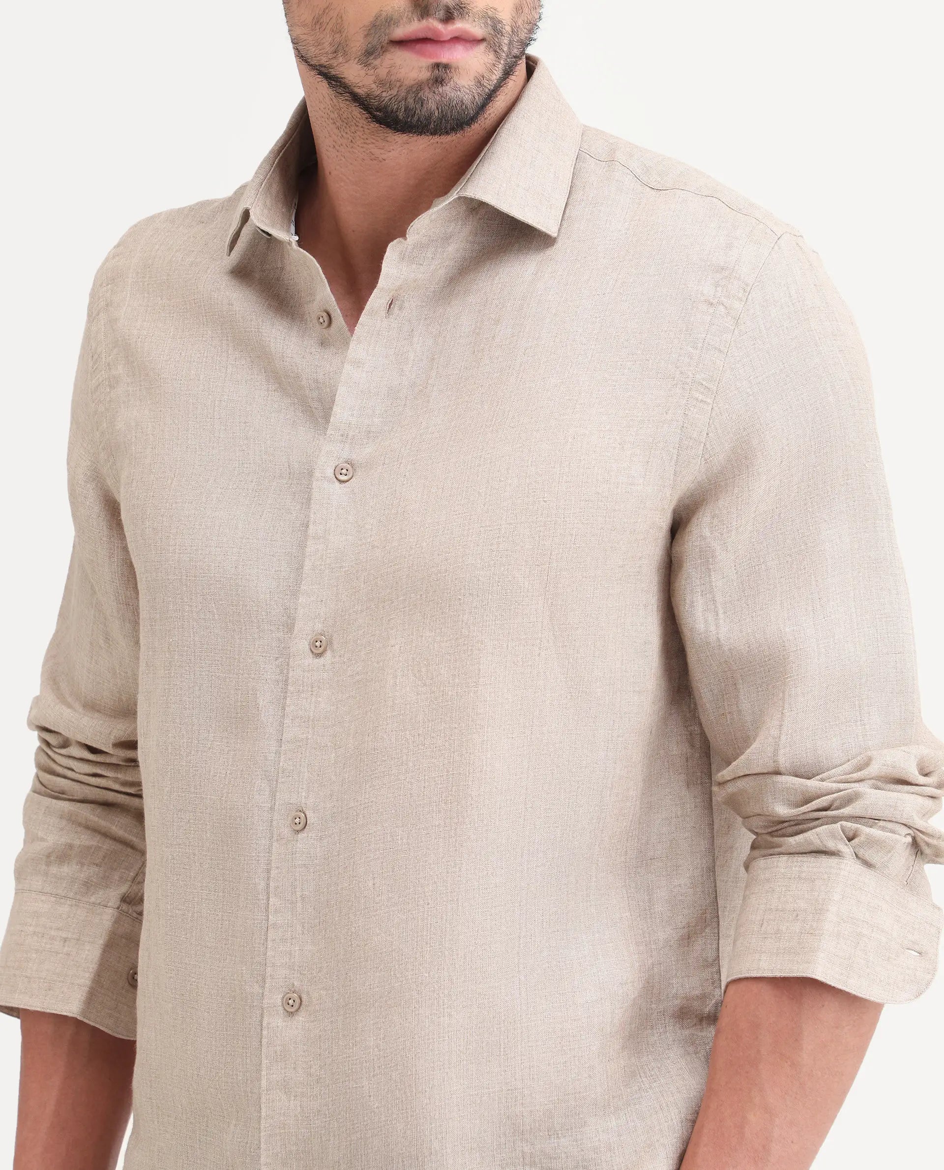 Rare Rabbit Men's Borium-26 Beige 100% Linen Full Sleeve Spread Collar Regular Fit Plain Shirt