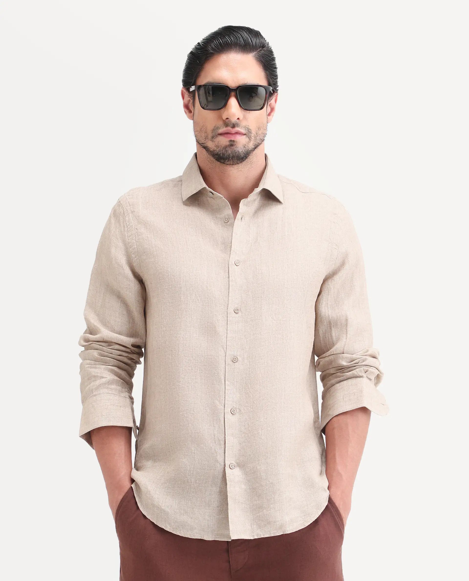 Rare Rabbit Men's Borium-26 Beige 100% Linen Full Sleeve Spread Collar Regular Fit Plain Shirt