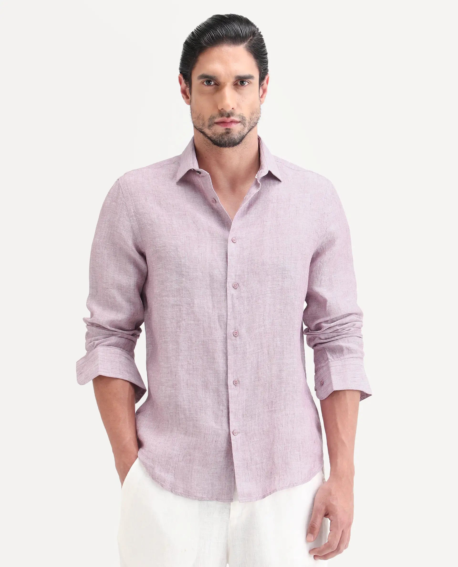 Rare Rabbit Men's Borium-26 Pink 100% Linen Full Sleeve Spread Collar Regular Fit Plain Shirt