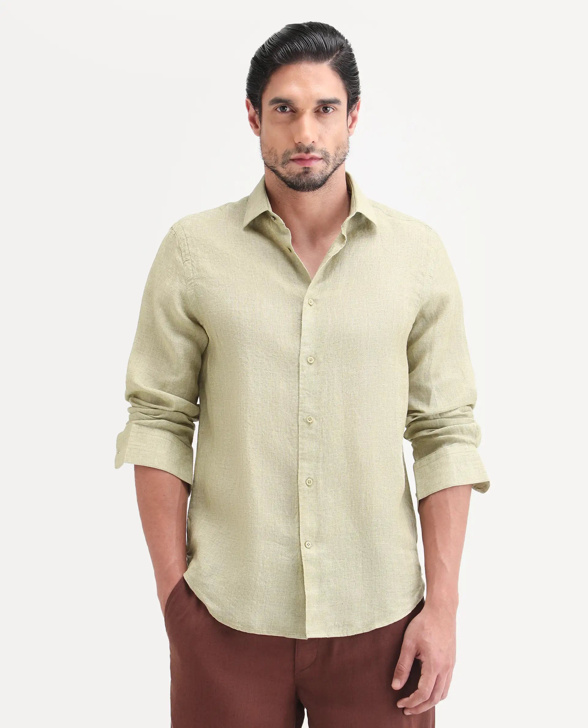 Rare Rabbit Men's Borium-26 Light Green 100% Linen Full Sleeve Spread Collar Regular Fit Plain Shirt