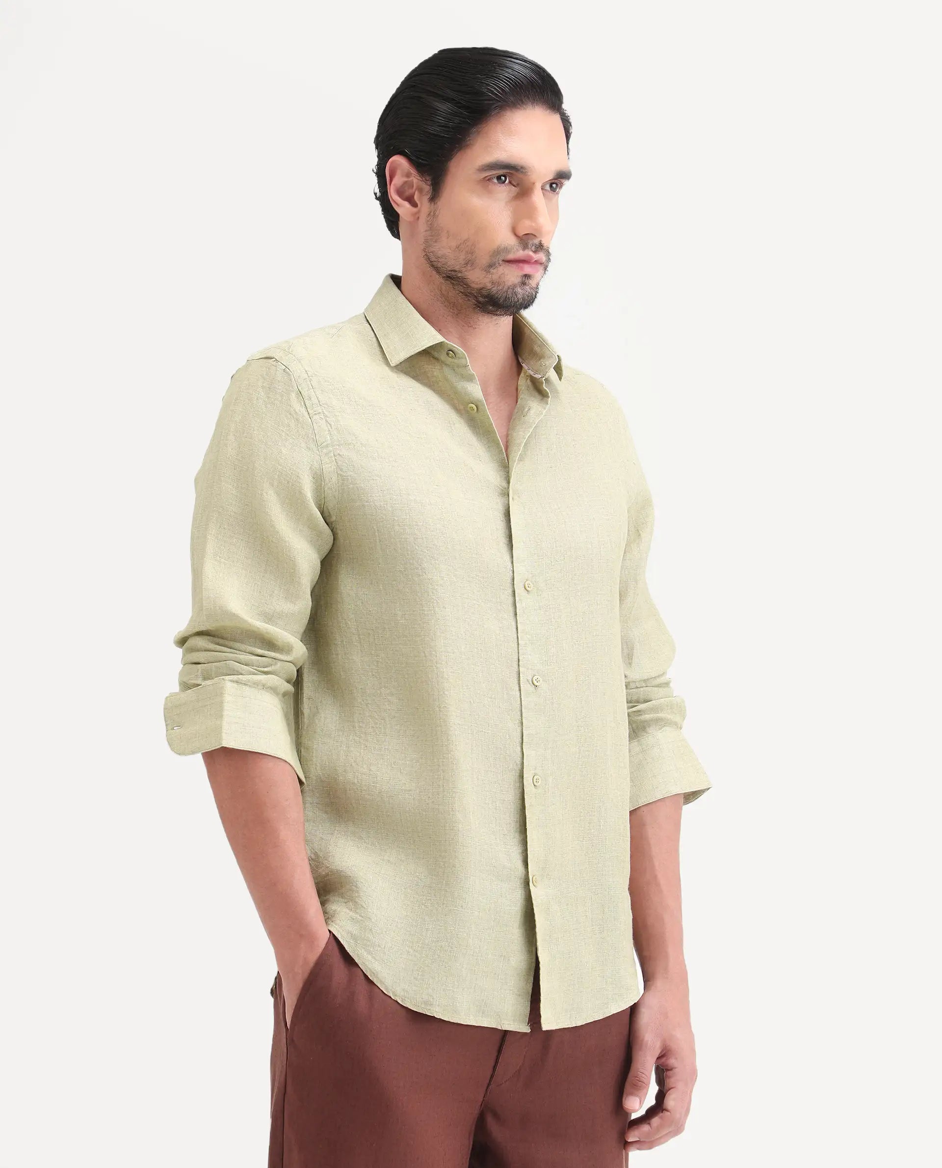Rare Rabbit Men's Borium-26 Light Green 100% Linen Full Sleeve Spread Collar Regular Fit Plain Shirt