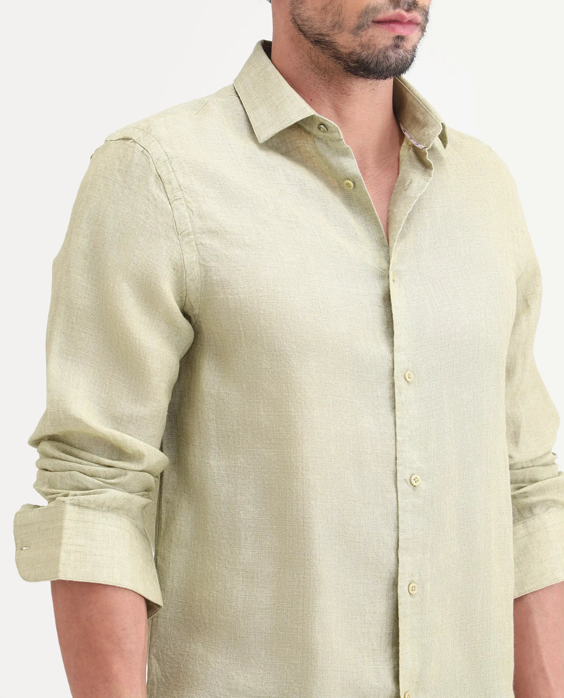 Rare Rabbit Men's Borium-26 Light Green 100% Linen Full Sleeve Spread Collar Regular Fit Plain Shirt