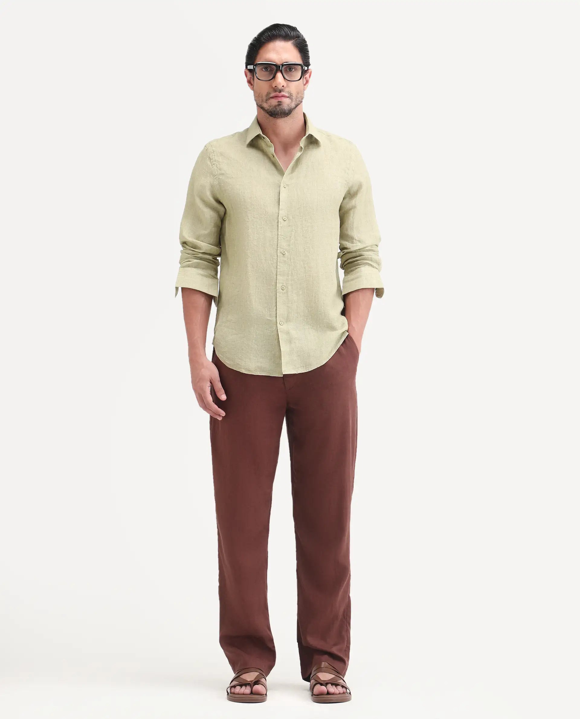 Rare Rabbit Men's Borium-26 Light Green 100% Linen Full Sleeve Spread Collar Regular Fit Plain Shirt