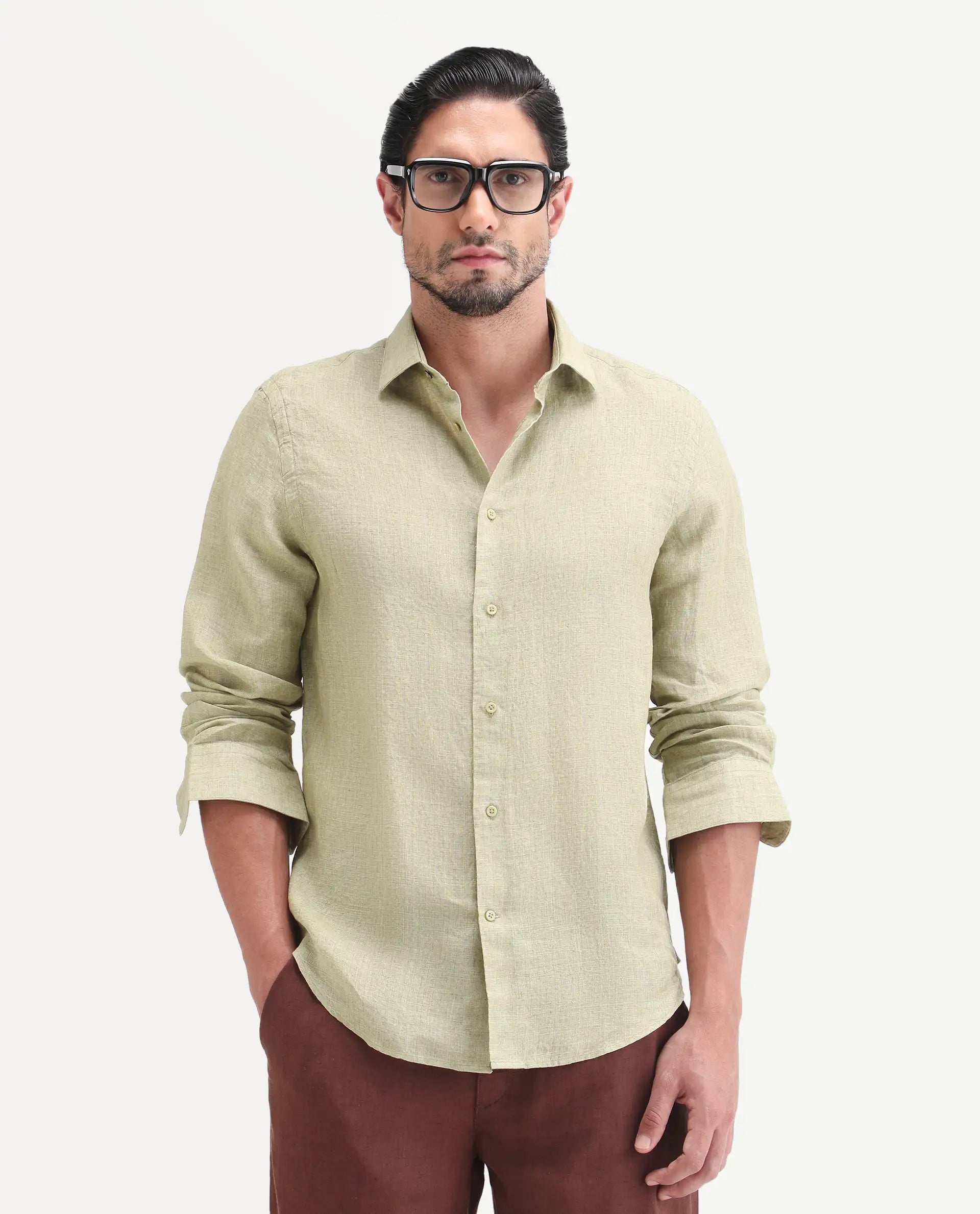 Rare Rabbit Men's Borium-26 Light Green 100% Linen Full Sleeve Spread Collar Regular Fit Plain Shirt