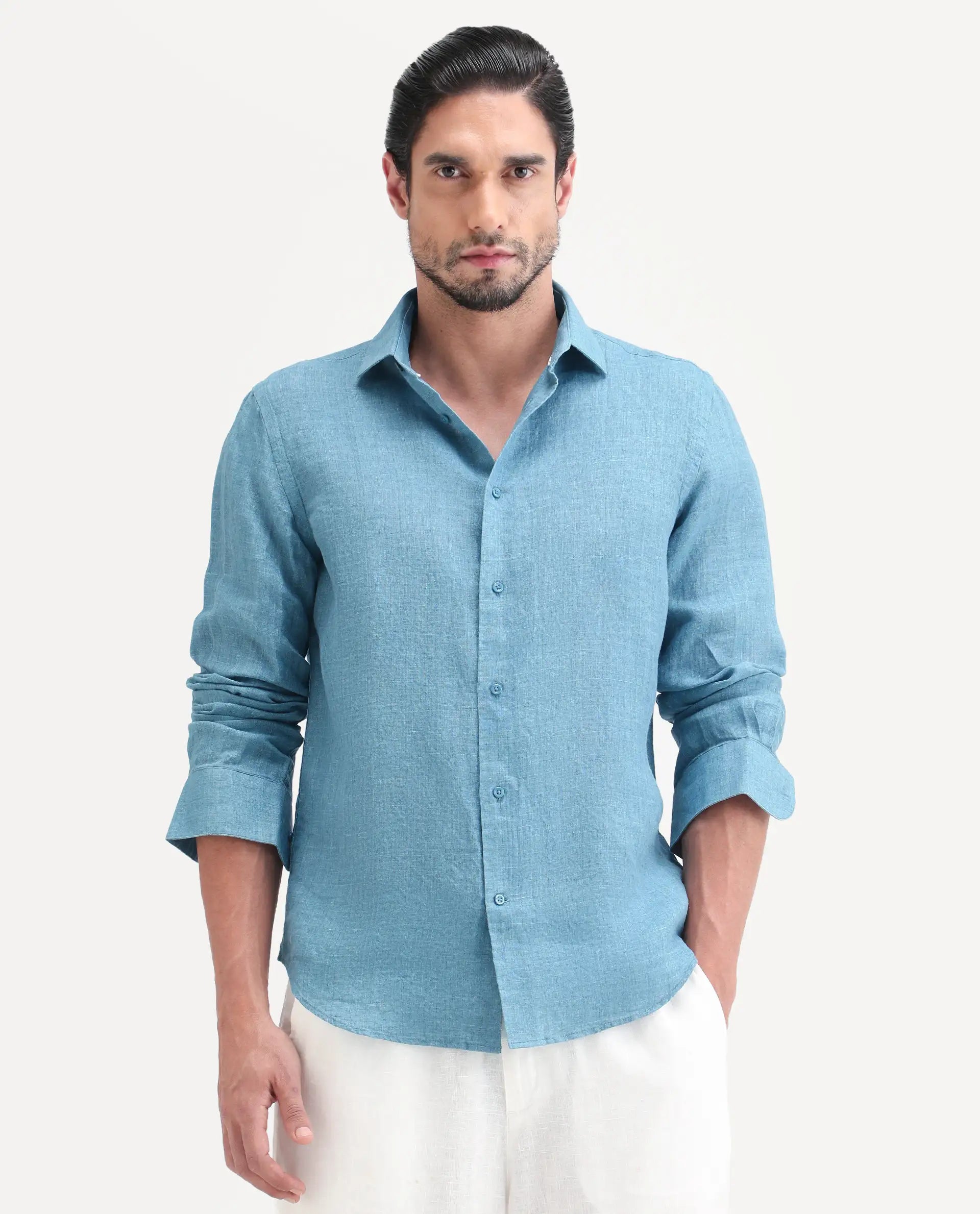 Rare Rabbit Men's Borium-26 Blue 100% Linen Full Sleeve Spread Collar Regular Fit Plain Shirt