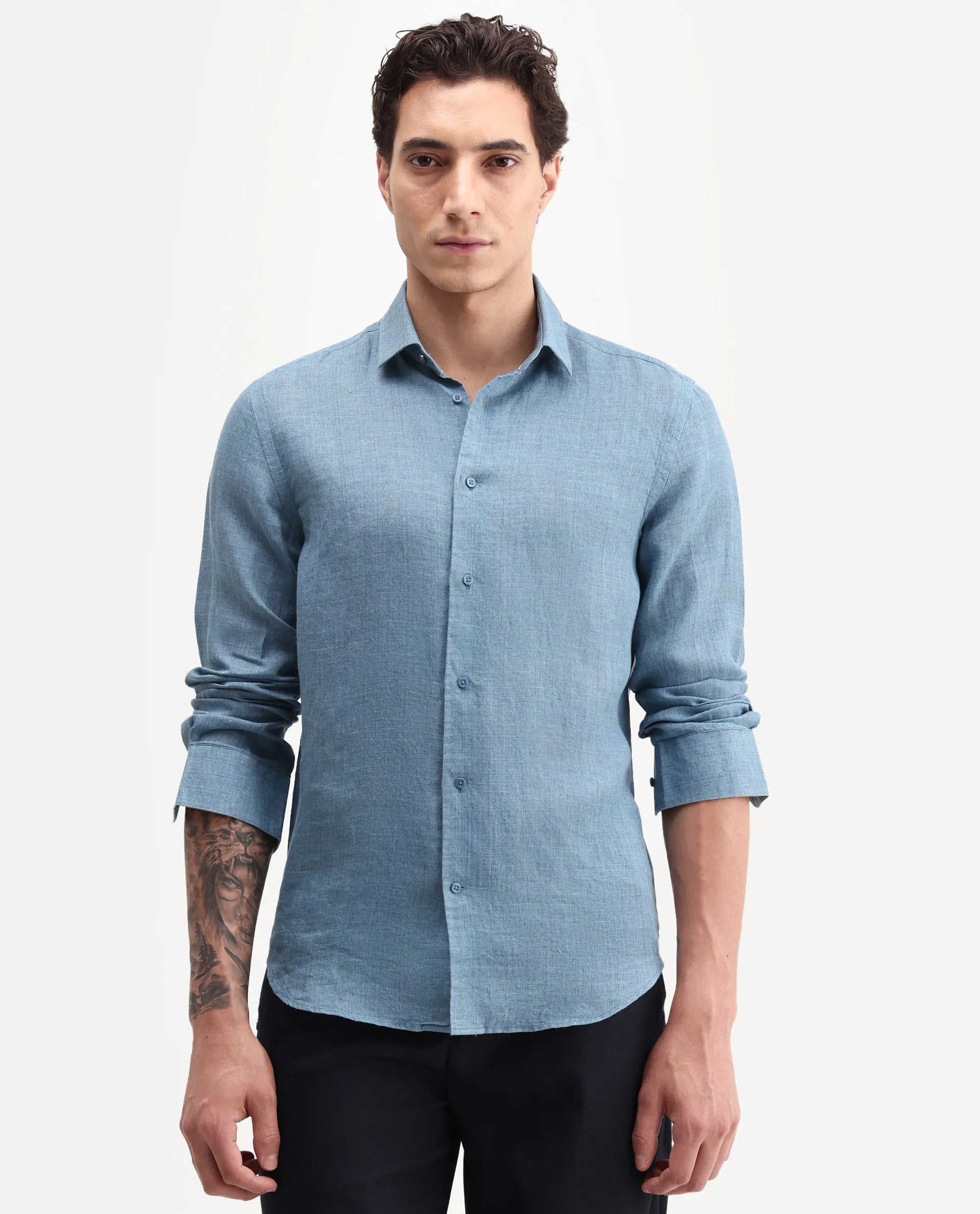 Rare Rabbit Men's Borium-26 Blue 100% Linen Full Sleeve Spread Collar Regular Fit Plain Shirt