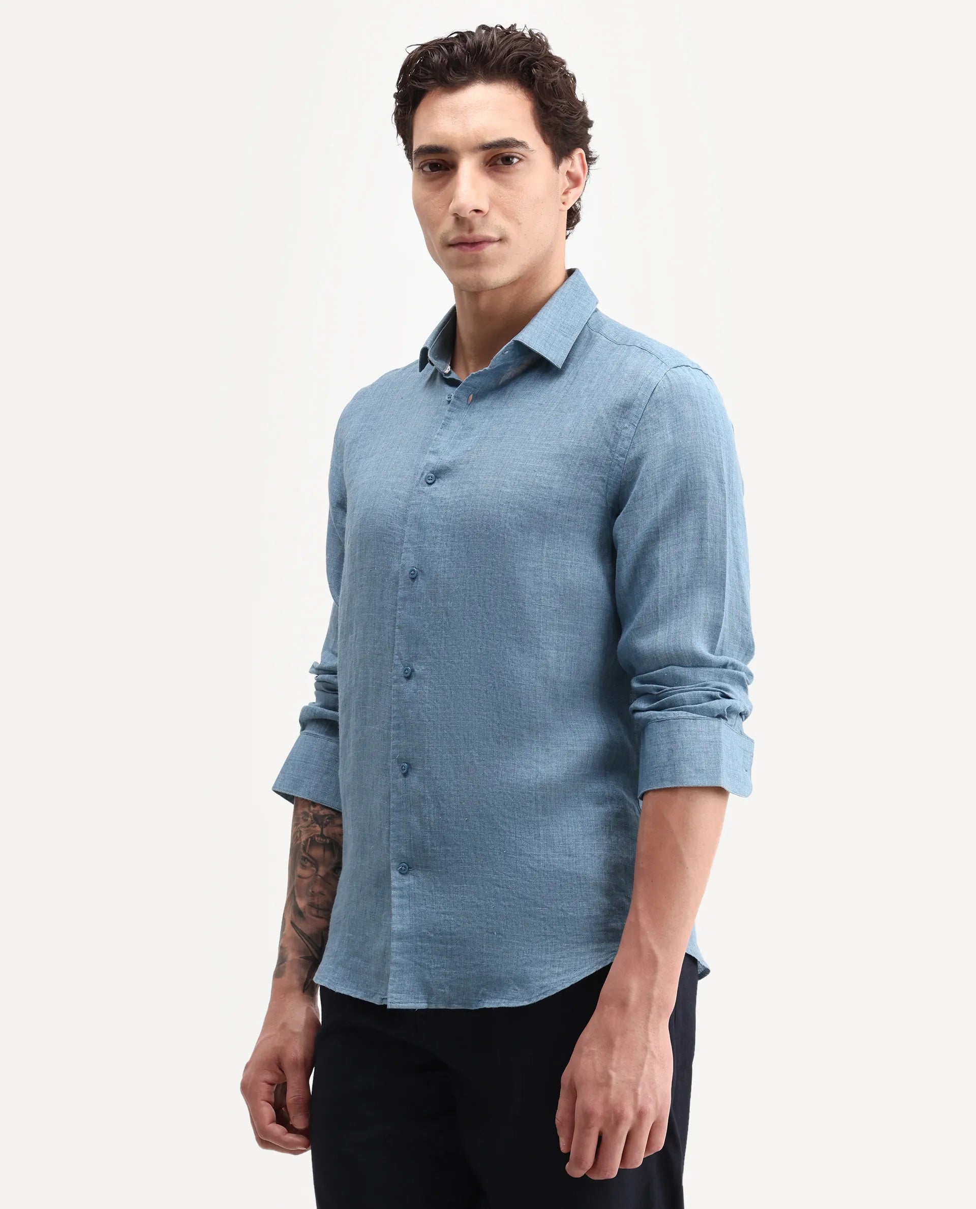 Rare Rabbit Men's Borium-26 Blue 100% Linen Full Sleeve Spread Collar Regular Fit Plain Shirt