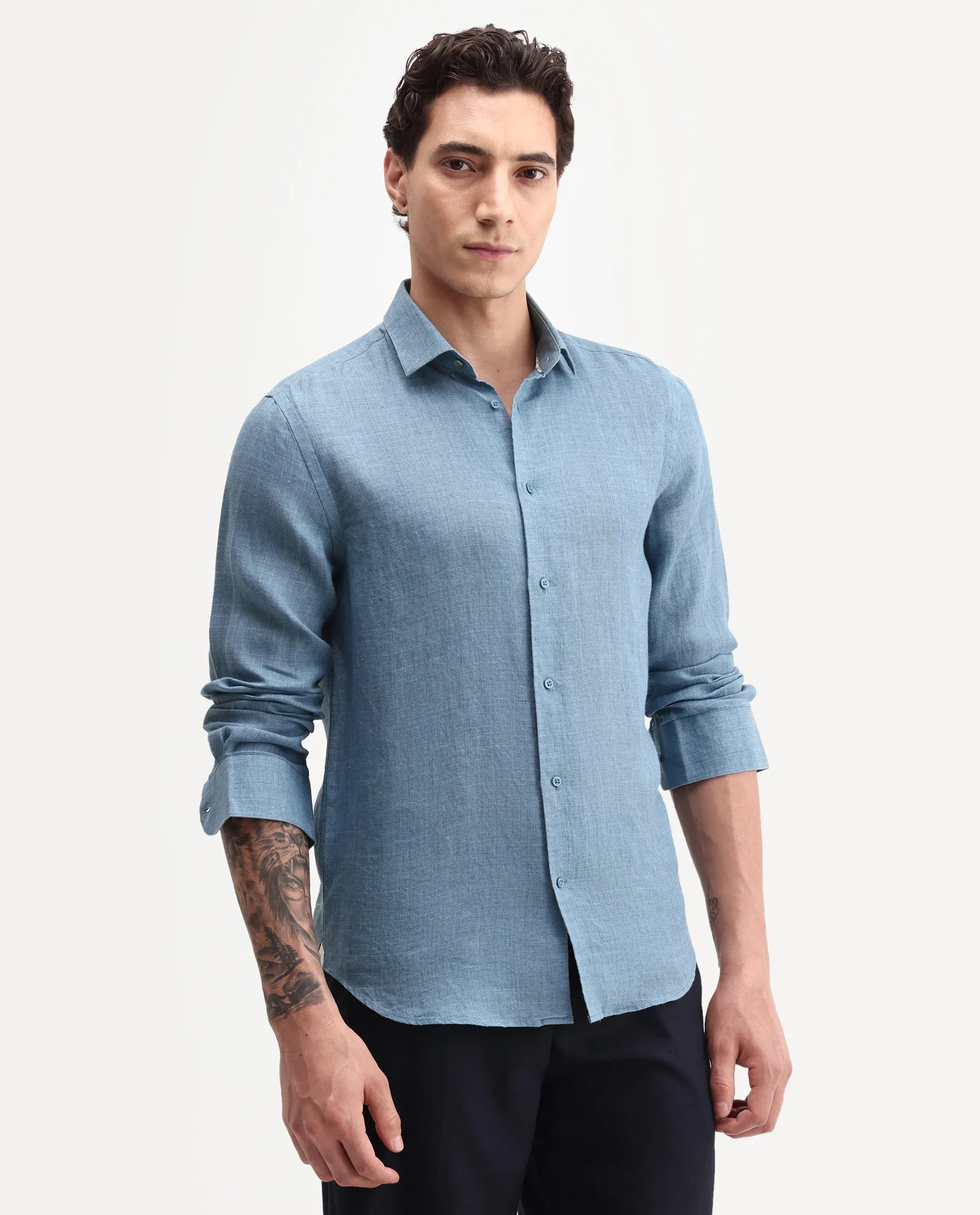 Rare Rabbit Men's Borium-26 Blue 100% Linen Full Sleeve Spread Collar Regular Fit Plain Shirt
