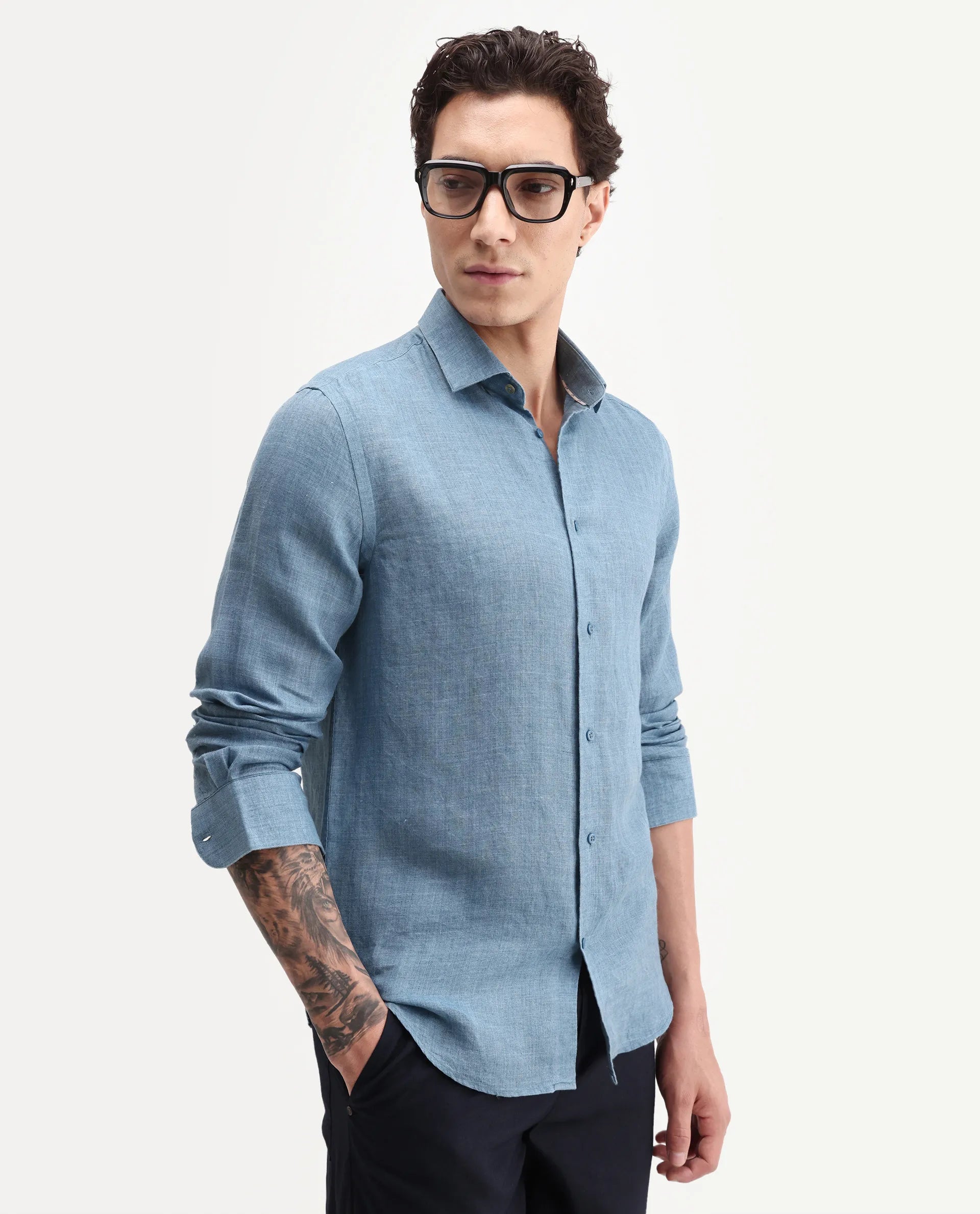 Rare Rabbit Men's Borium-26 Blue 100% Linen Full Sleeve Spread Collar Regular Fit Plain Shirt