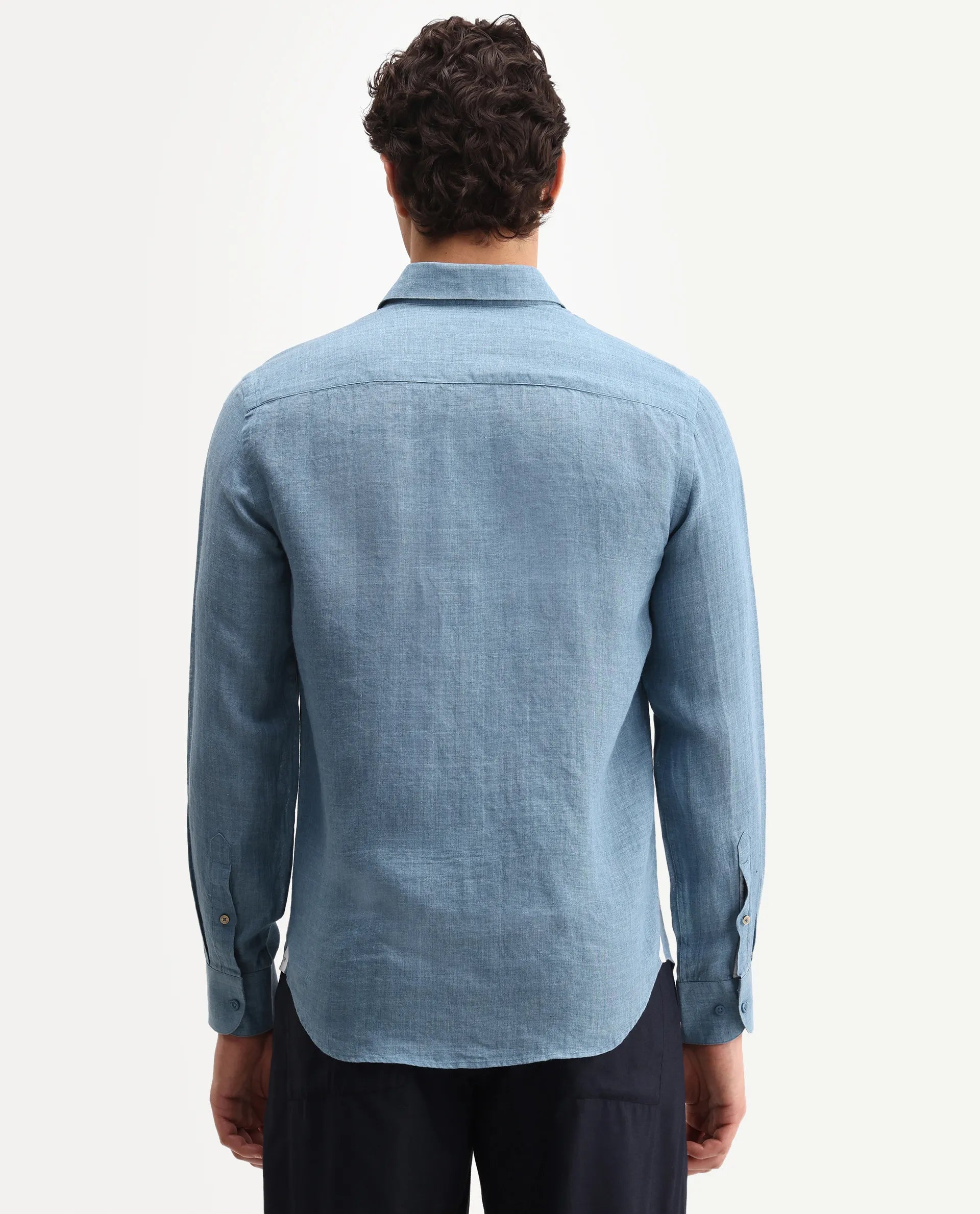 Rare Rabbit Men's Borium-26 Blue 100% Linen Full Sleeve Spread Collar Regular Fit Plain Shirt