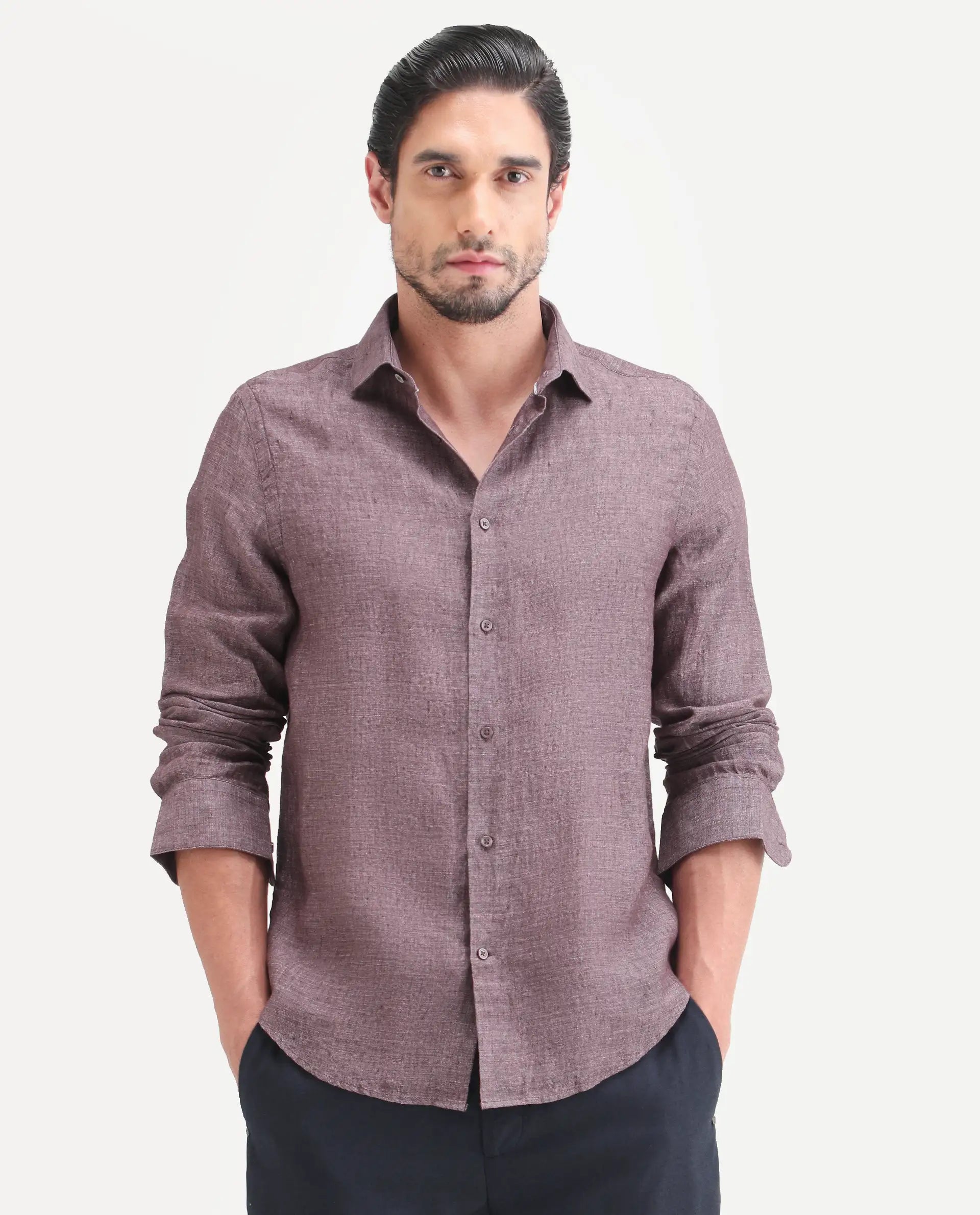 Rare Rabbit Men's Borium-D-26 Dark Purple 100% Linen Full Sleeve Spread Collar Regular Fit Plain Shirt