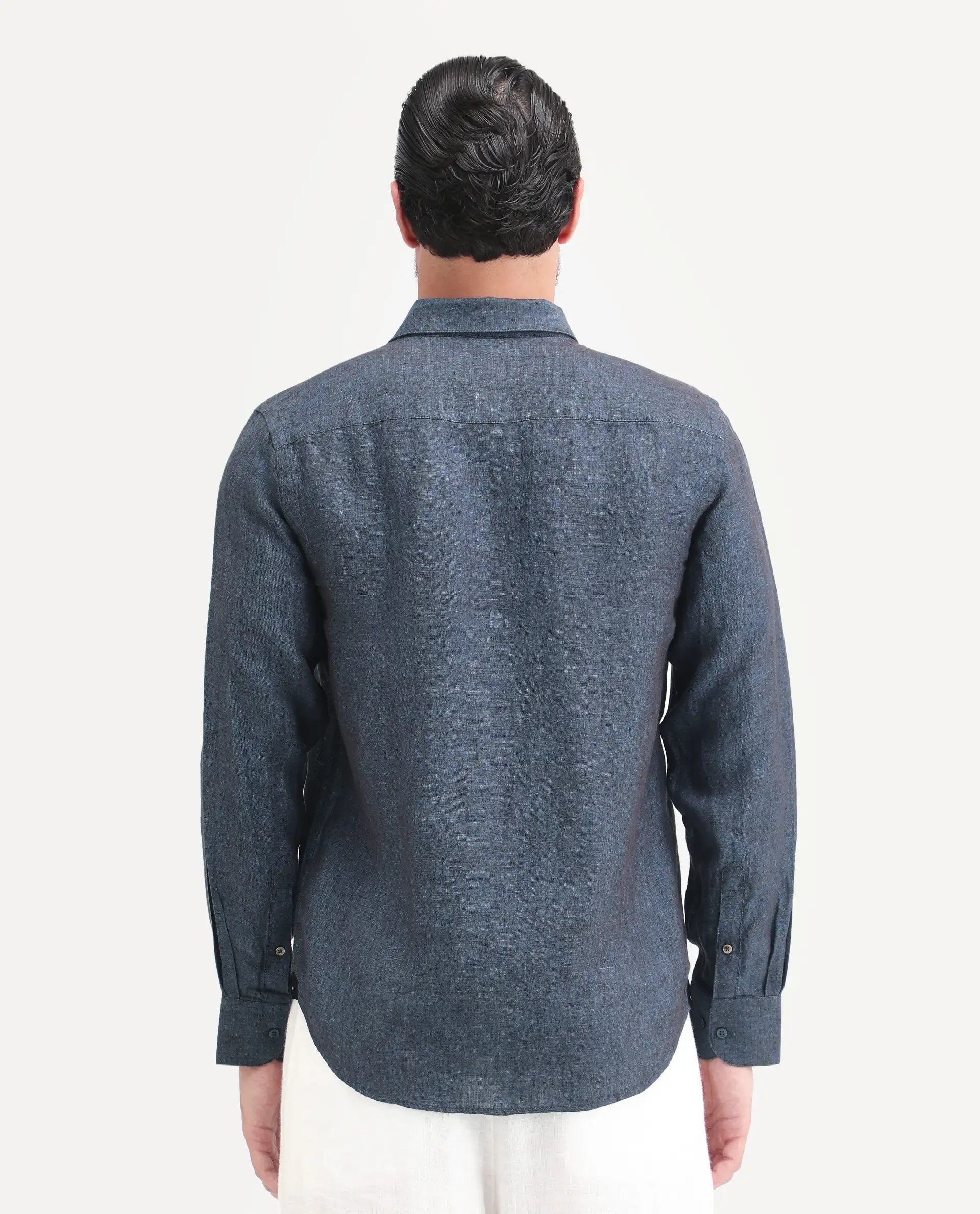 Rare Rabbit Men's Borium-D-26 Dark Blue 100% Linen Full Sleeve Spread Collar Regular Fit Plain Shirt