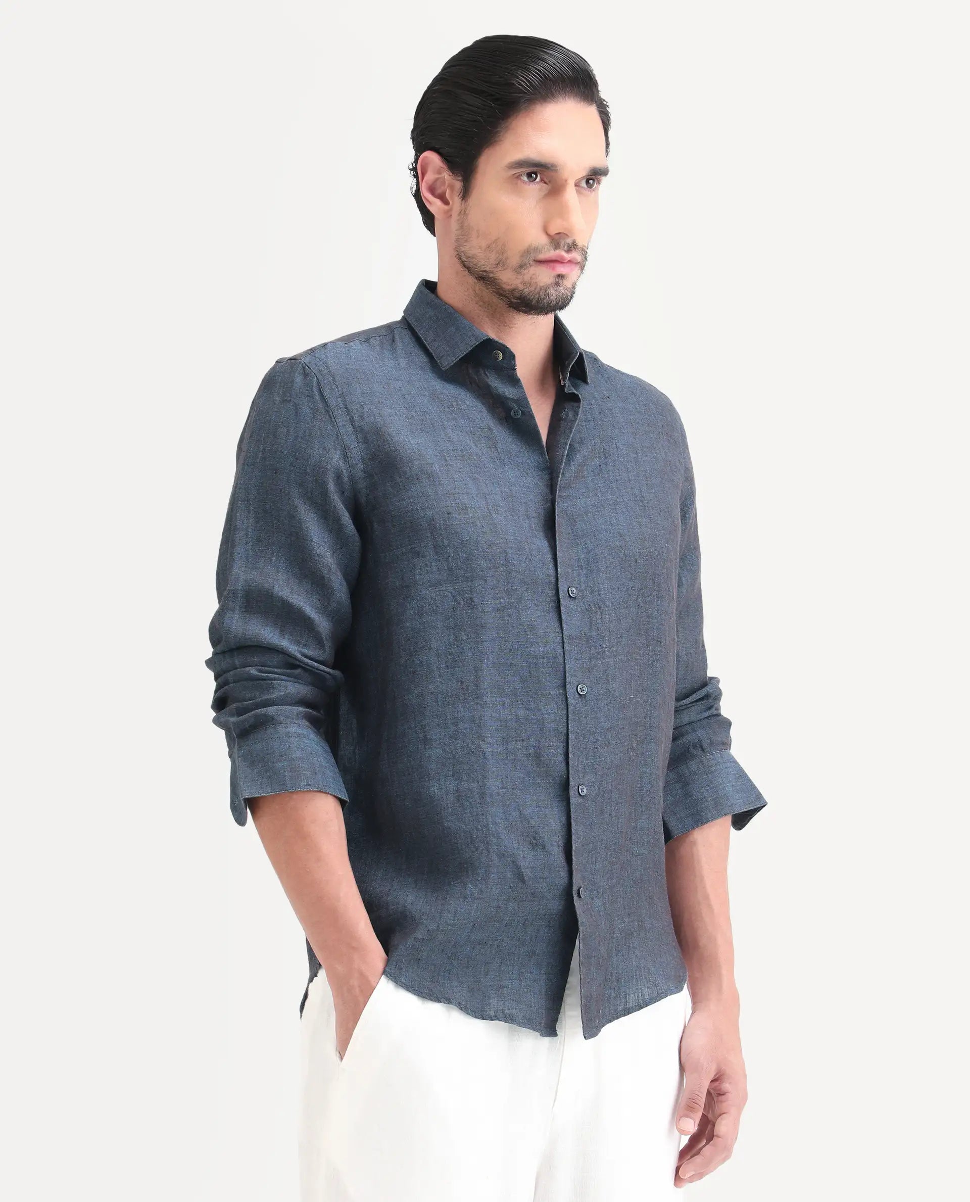 Rare Rabbit Men's Borium-D-26 Dark Blue 100% Linen Full Sleeve Spread Collar Regular Fit Plain Shirt