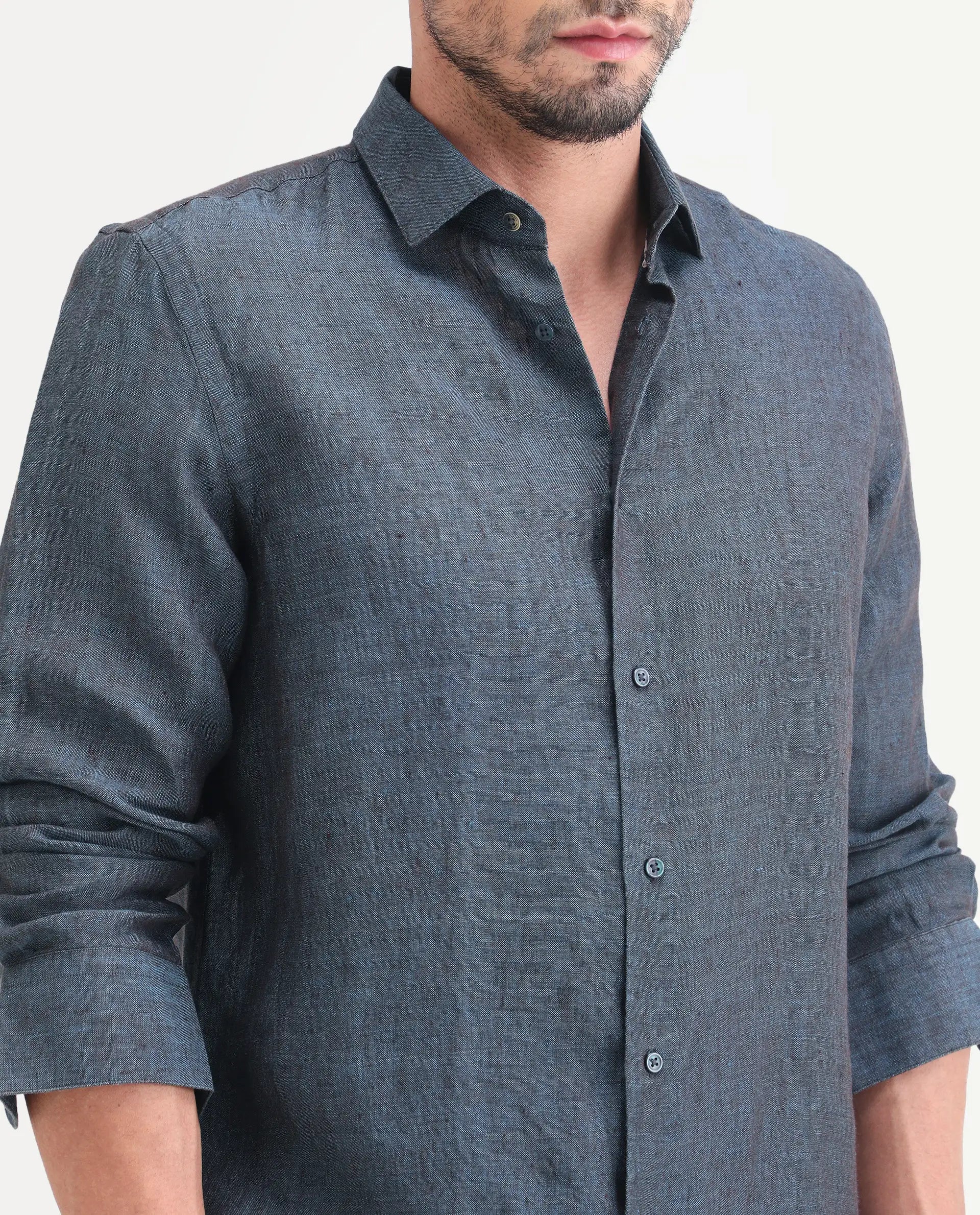 Rare Rabbit Men's Borium-D-26 Dark Blue 100% Linen Full Sleeve Spread Collar Regular Fit Plain Shirt