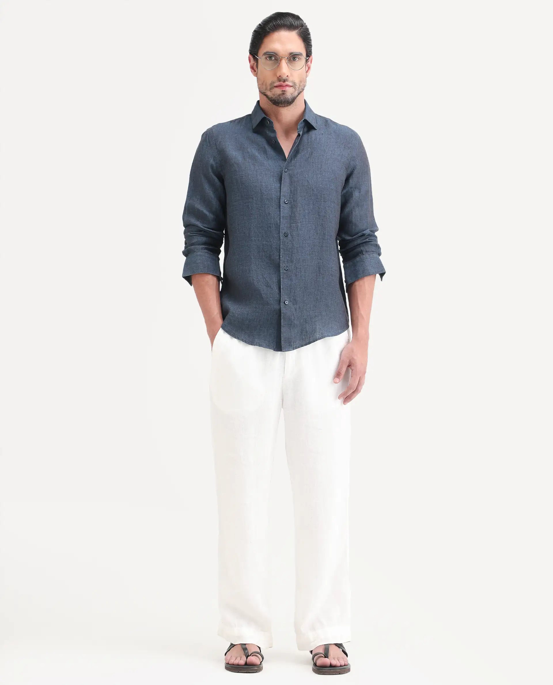 Rare Rabbit Men's Borium-D-26 Dark Blue 100% Linen Full Sleeve Spread Collar Regular Fit Plain Shirt