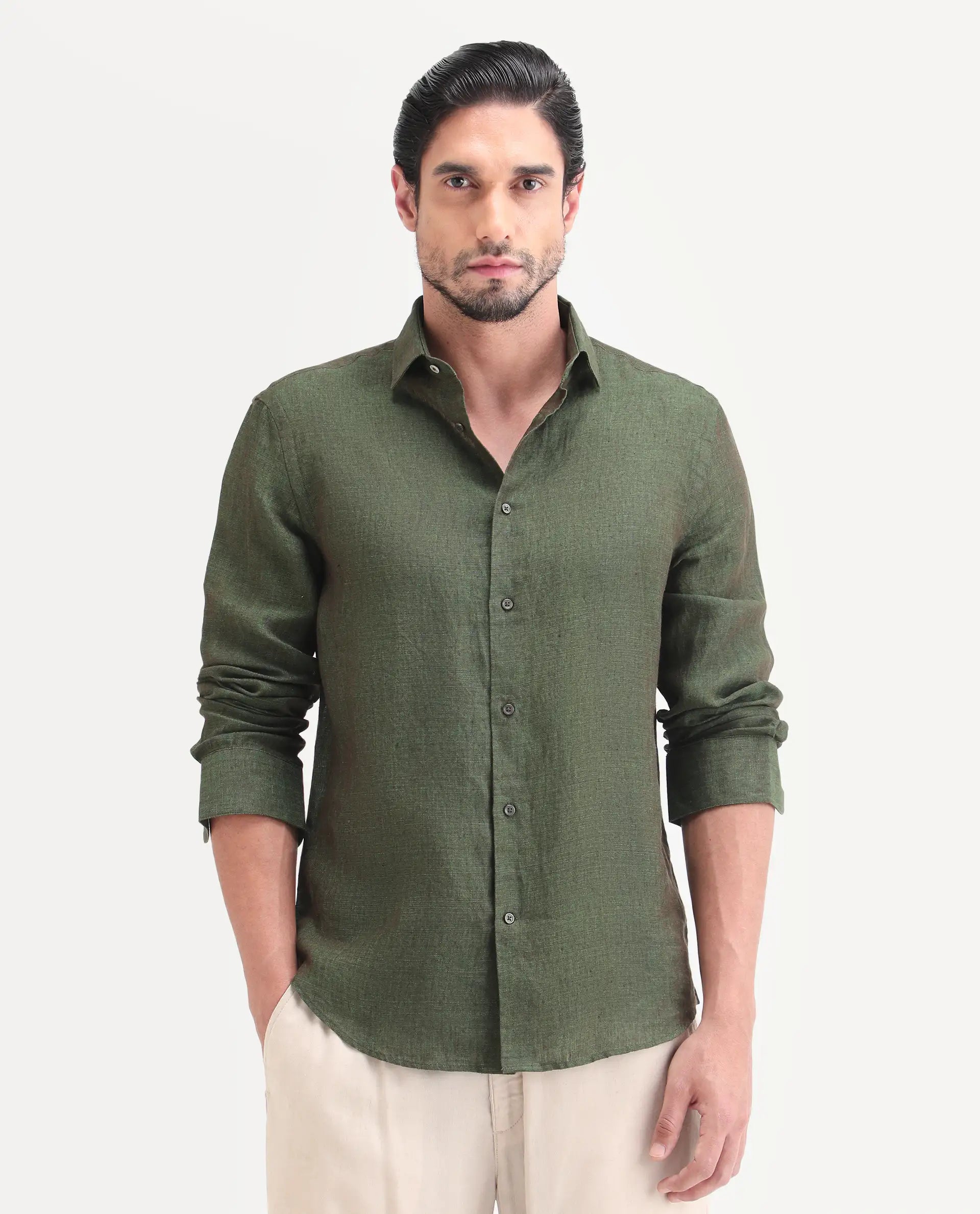 Rare Rabbit Men's Borium-D-26 Dark Green 100% Linen Full Sleeve Spread Collar Regular Fit Plain Shirt